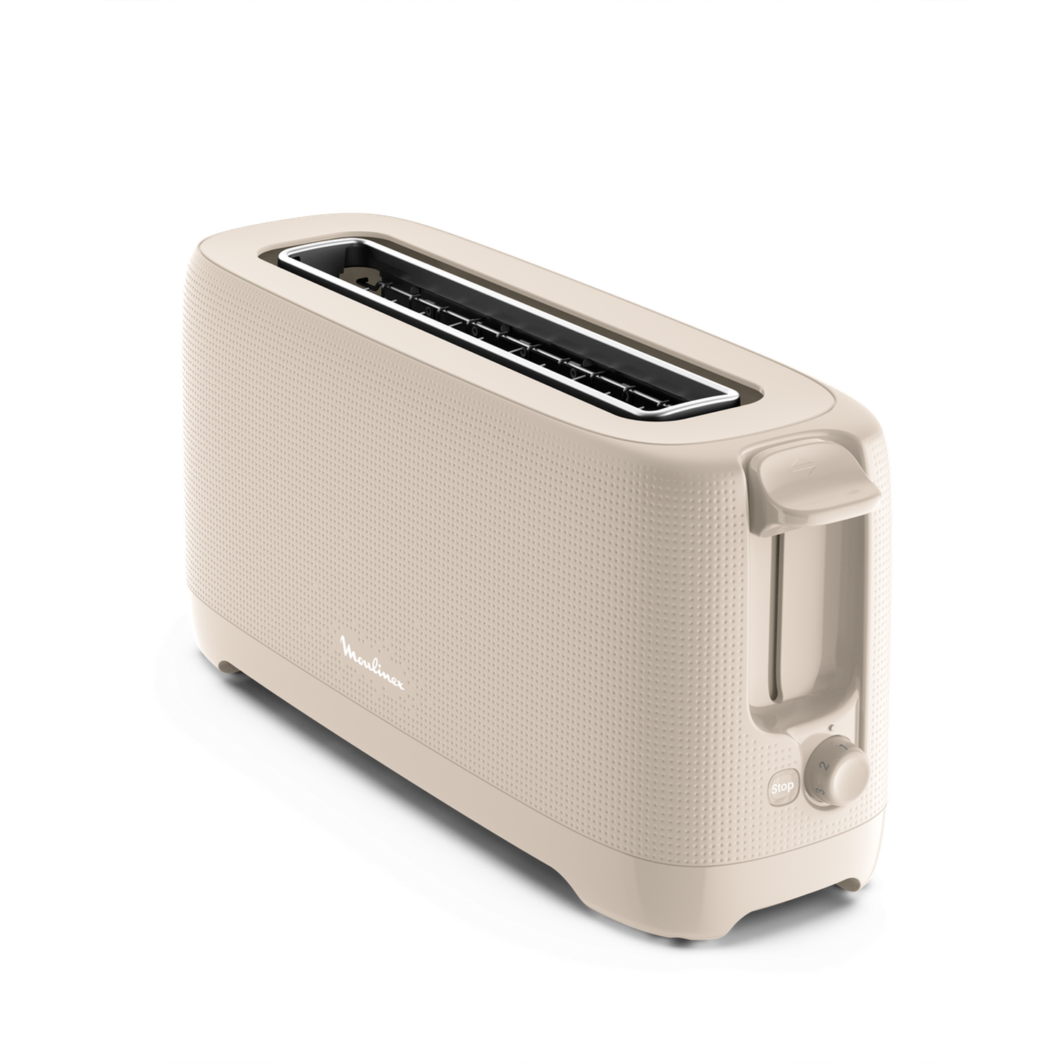 Un grille-pain Moulinex beige. Il a deux fentes, un levier et un cadran. Le bouton stop est visible. Le fond est noir.