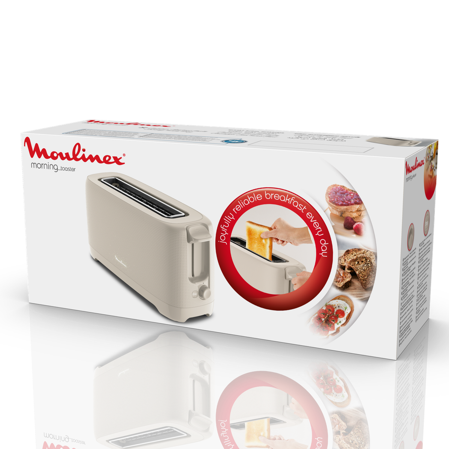 Un grille-pain Moulinex beige et sa boîte sont exposés. La boîte montre des images de petit-déjeuner. Une main met du pain dans un grille-pain.