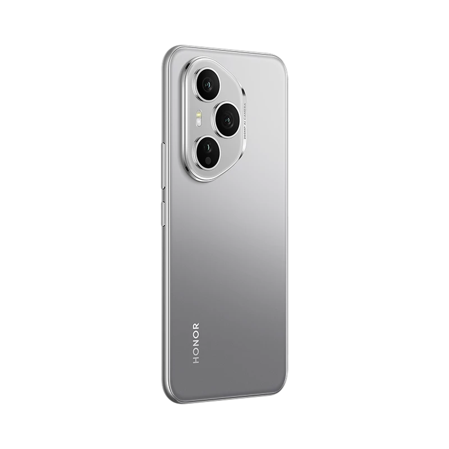 A silver Honor phone with a triple-lens camera is displayed against a black background. The Honor logo is visible.