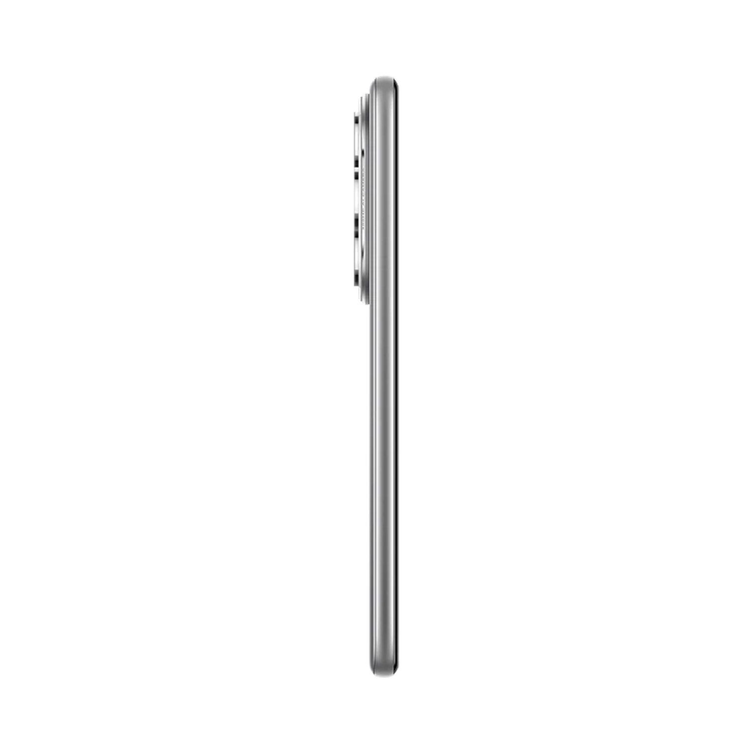 Side view of a silver smartphone, against a black background. The camera lenses are visible on the top side.