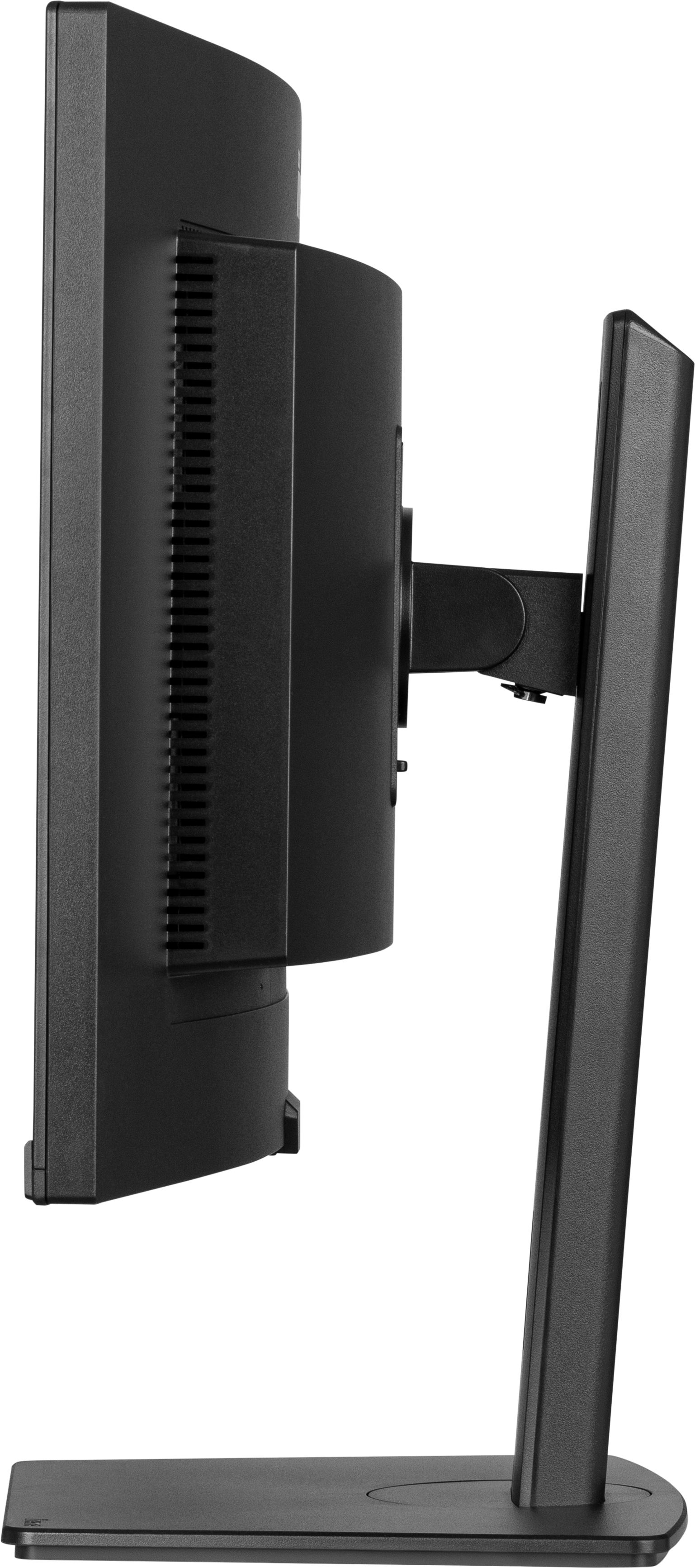 Czarny monitor komputerowy, widok z boku, z podstawą i stojakiem. Ekran jest zakrzywiony. Stojak jest pionowy.