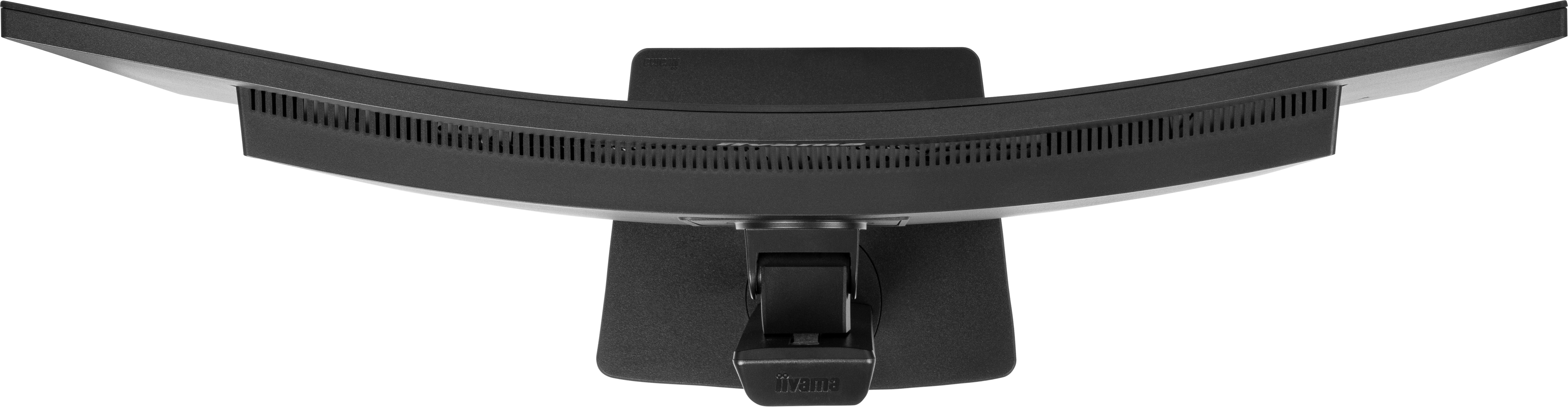 Widok z góry na czarny, zakrzywiony monitor komputerowy ze stojakiem. Monitor oznaczony marką Iiyama.