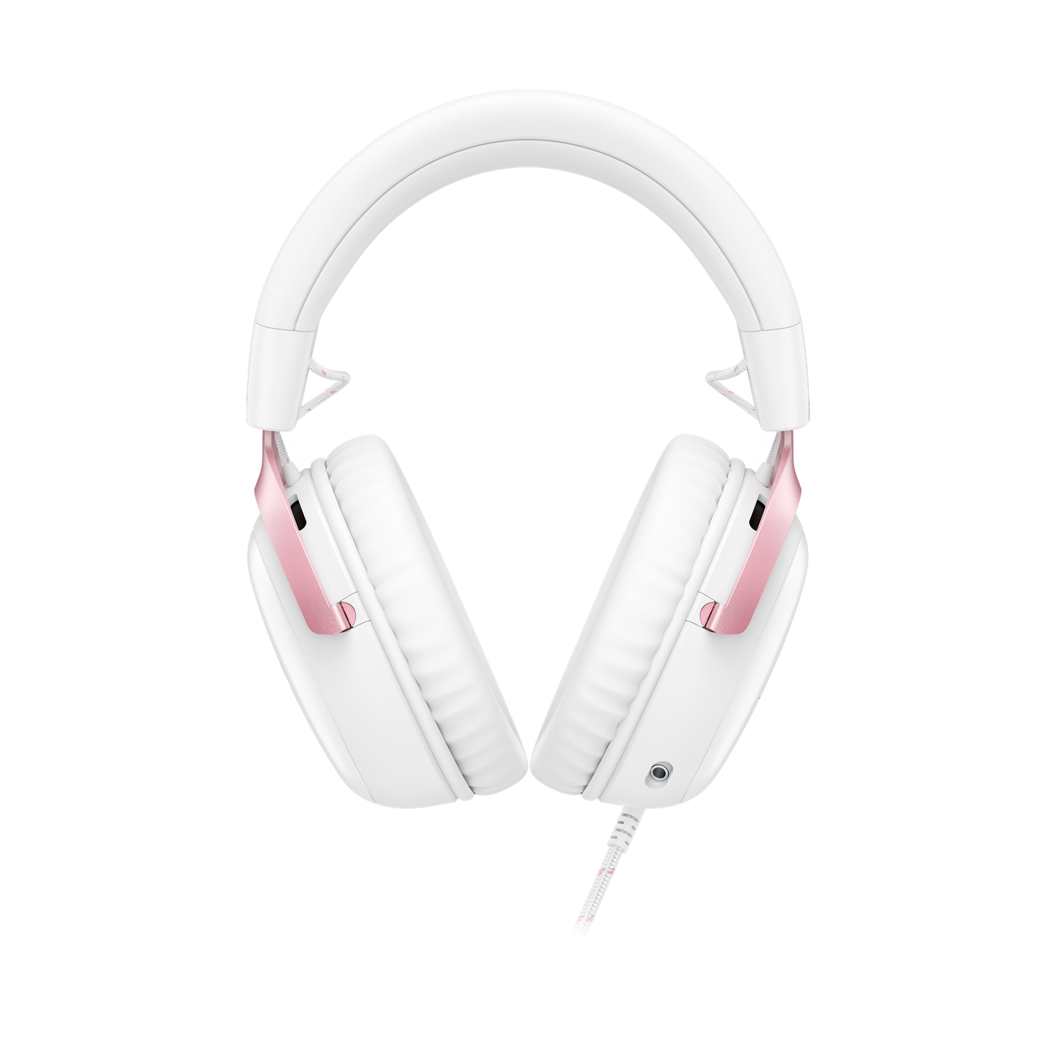 White headphones with pink accents, on a black background. The headphones have large ear cups and a padded headband.