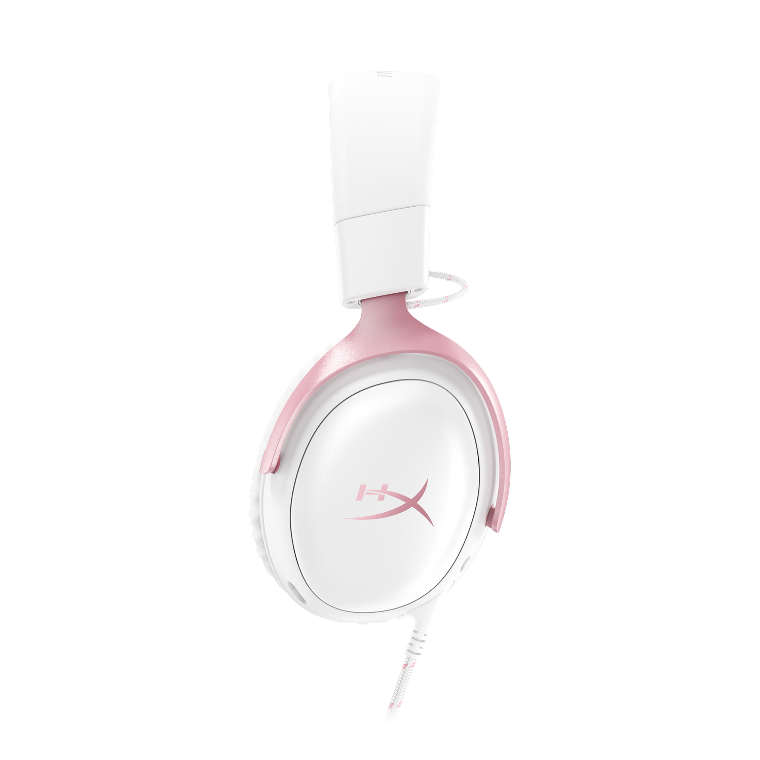 White and pink HyperX gaming headset with a white cable on a black background. The headset has a logo on the earcups.