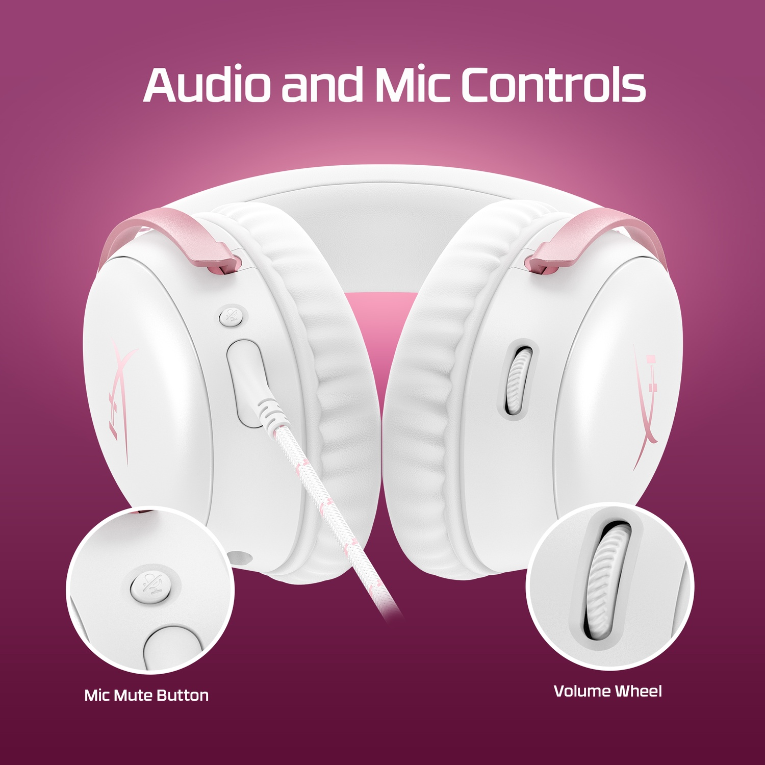 White gaming headset with pink accents. Features a mic mute button and volume wheel. Background is a gradient of pink and purple.