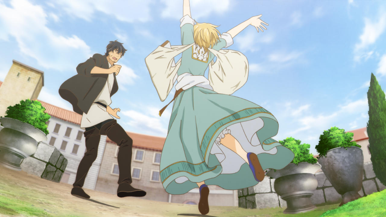 Anime-Szene: Ein Mann jagt eine tanzende Person. Himmel blau. Gebäude und Topfpflanzen rahmen die Szene ein.