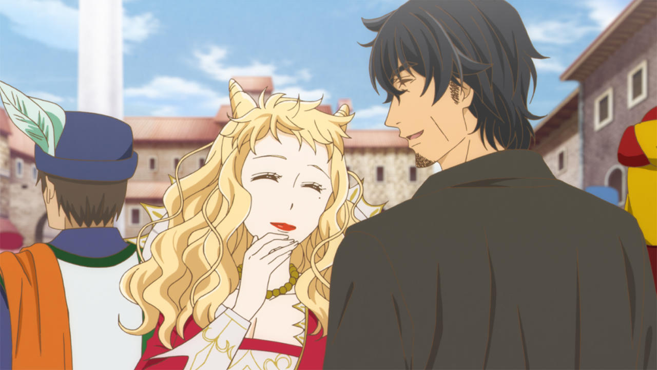 Animeszene. Eine Frau mit Hörnern und ein Mann lächeln sich an. Andere Leute und Gebäude sind im Hintergrund.