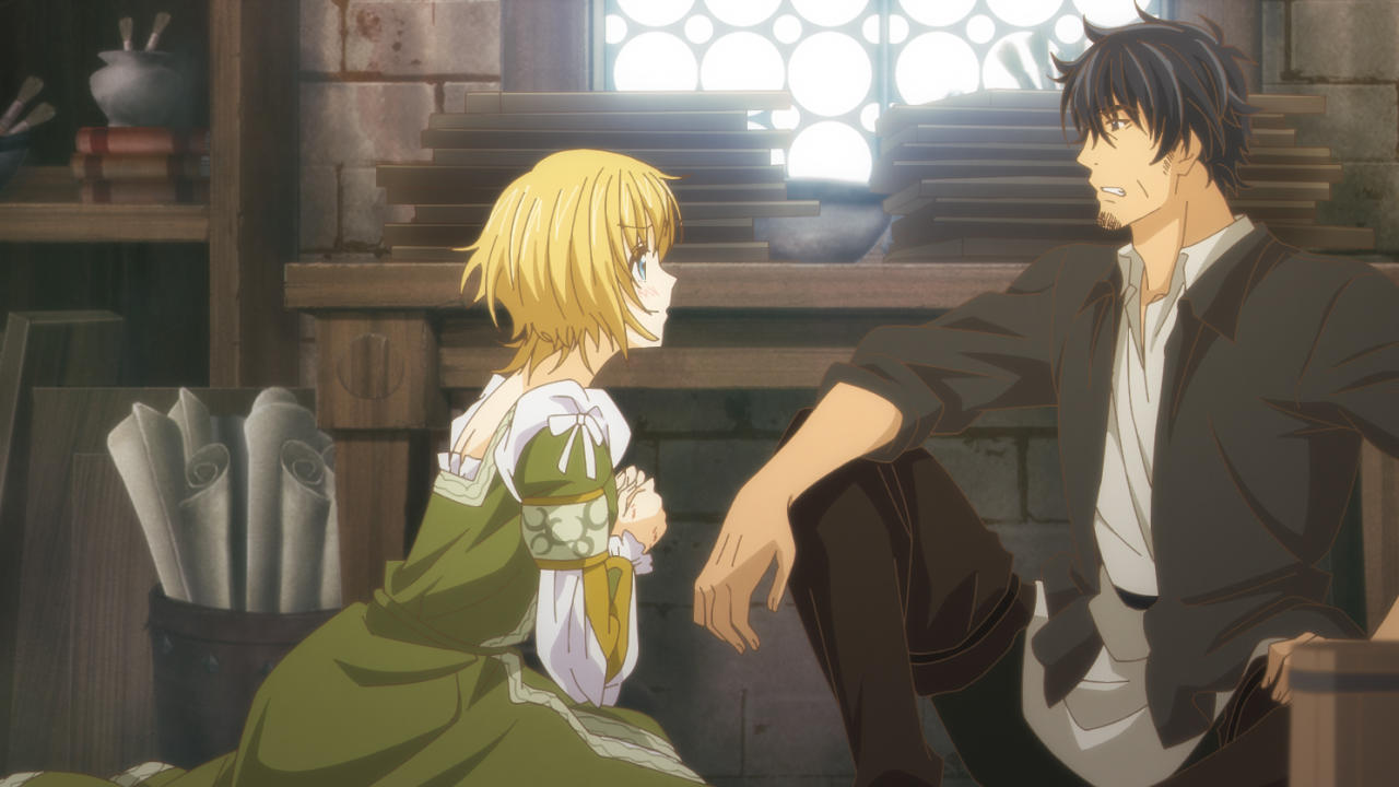 Animeszene. Ein blondes Mädchen in einem grünen Kleid spricht mit einem Mann in schwarzer Kleidung. Im Hintergrund sind ein Holzregal und eine Backsteinmauer zu sehen.