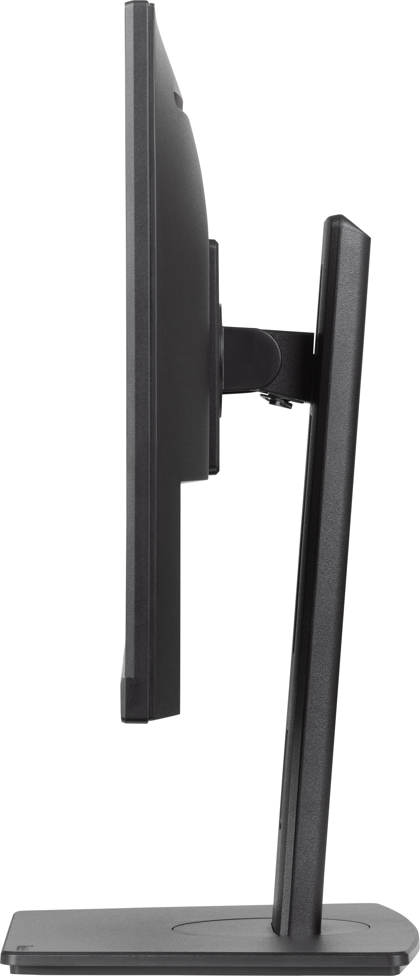 Ein schwarzer Computermonitor von der Seite. Der Monitor steht auf einem Ständer. Der Hintergrund ist weiß.