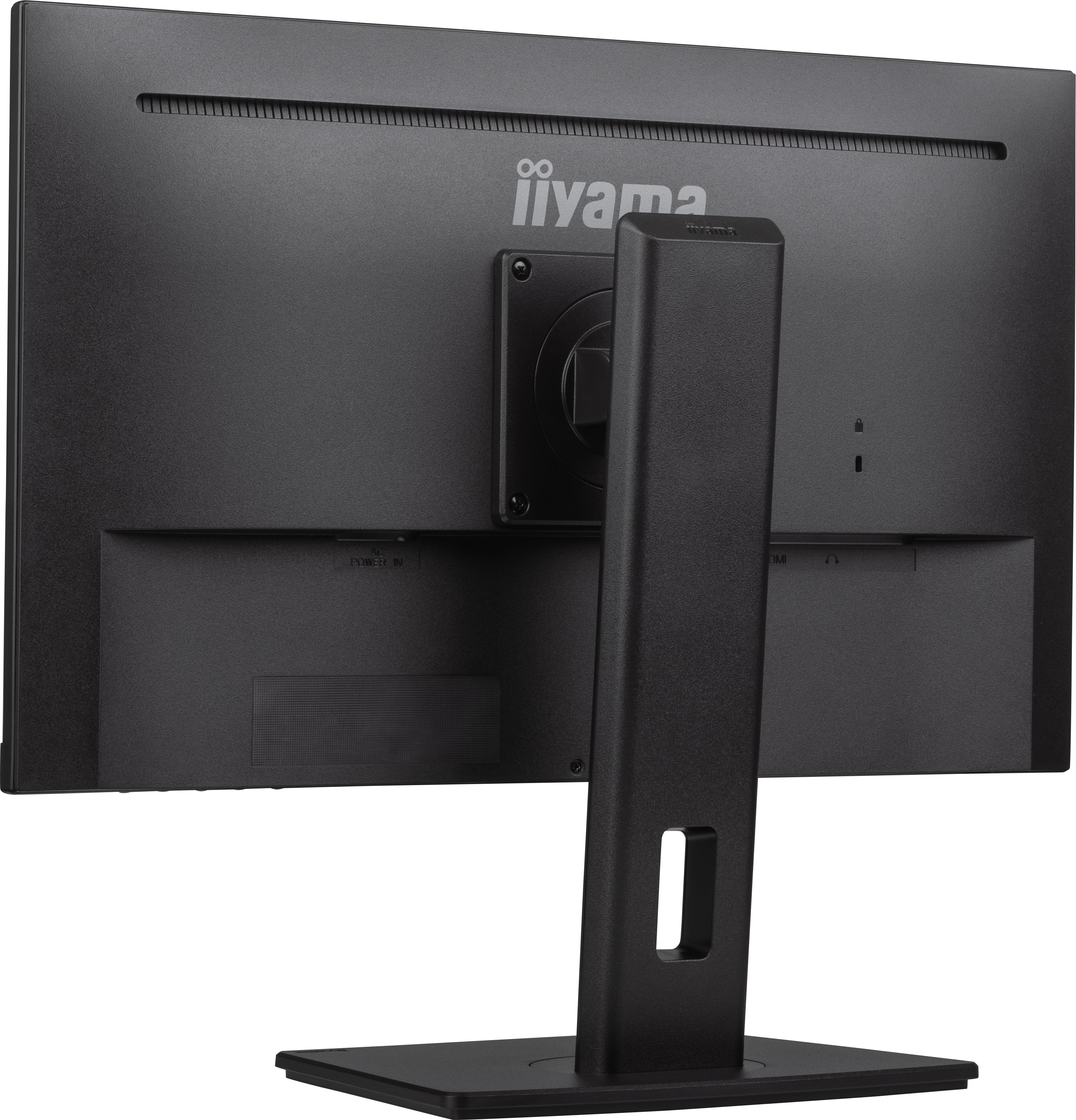 Rückansicht eines schwarzen Computermonitors. Er hat einen Ständer und das iiyama-Logo. Anschlüsse sind sichtbar.