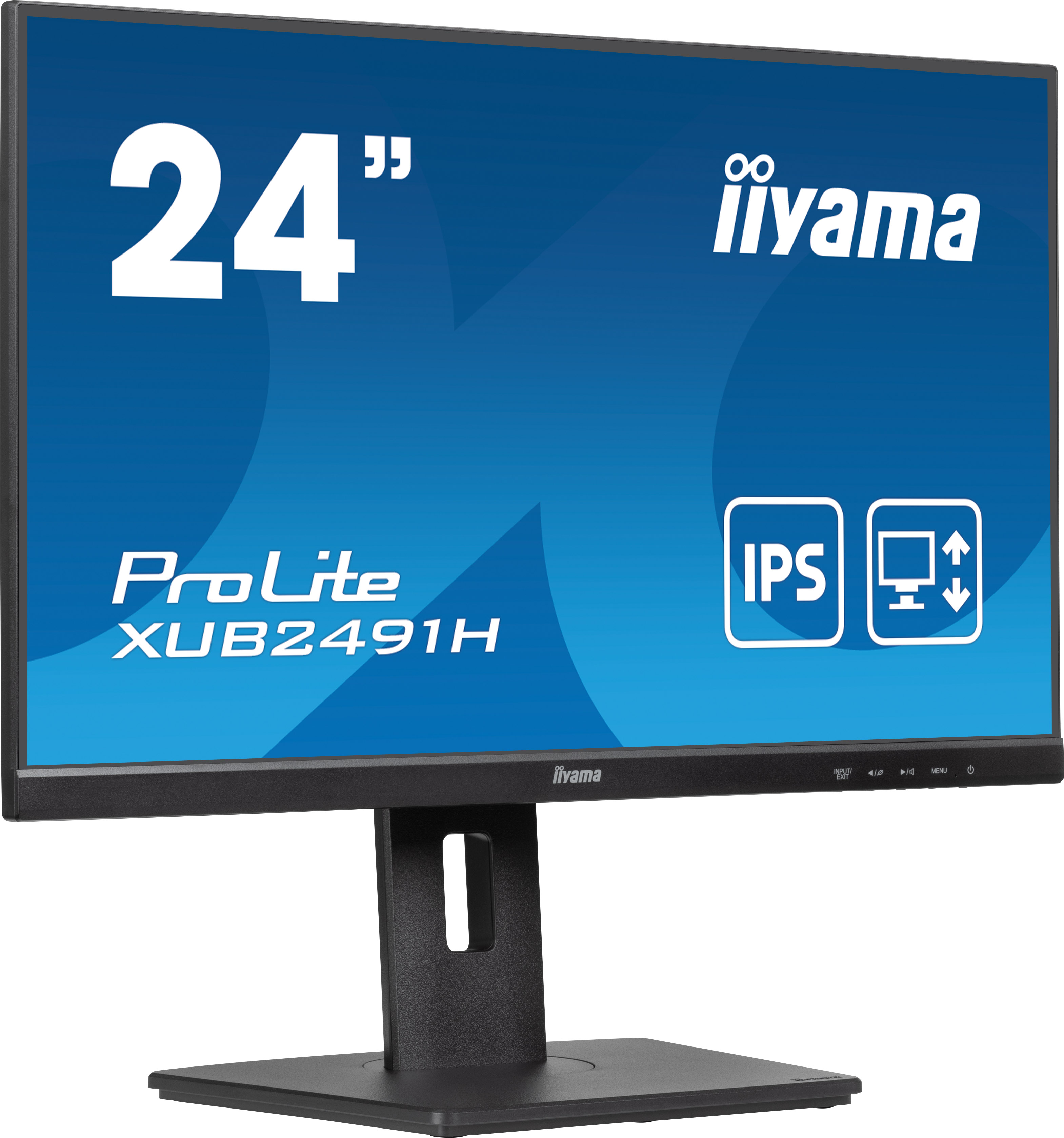 Ein 24-Zoll-Computermonitor. Er hat einen schwarzen Rahmen und Ständer. Der Bildschirm zeigt den Markennamen und das Modell.