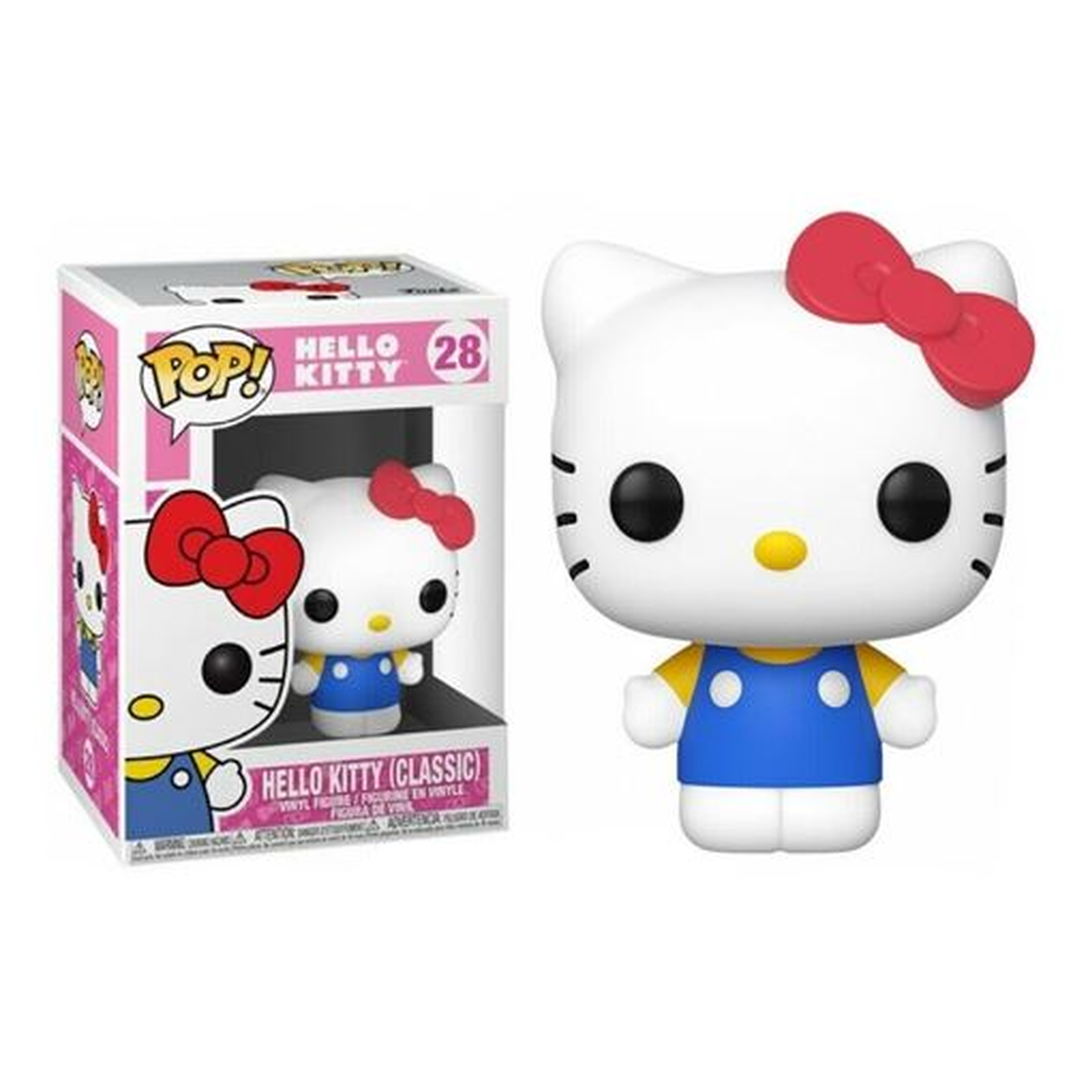 Hello Kitty figure with a red bow, blue overalls, and a yellow shirt, next to its box.