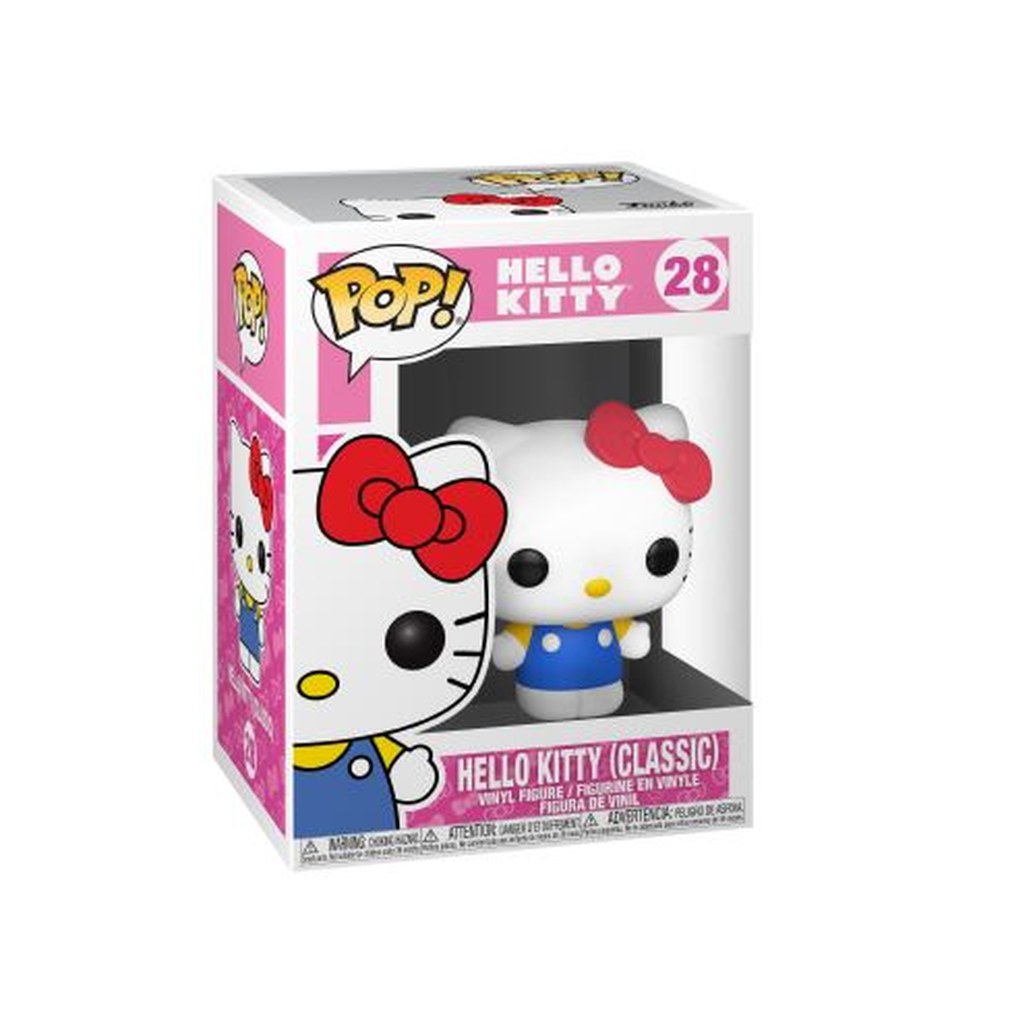 A Hello Kitty Funko Pop figure in a box. The figure is white with a red bow, blue dress, and yellow details.