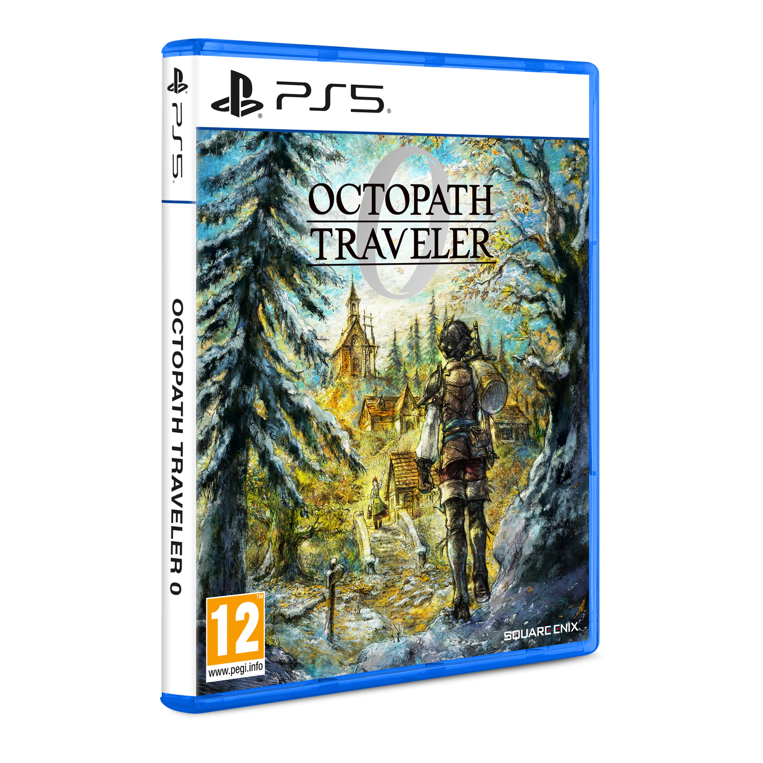 Boîtier du jeu Octopath Traveler. Un personnage se tient devant un village. Des arbres encadrent la scène. Logo PS5 en haut à gauche.