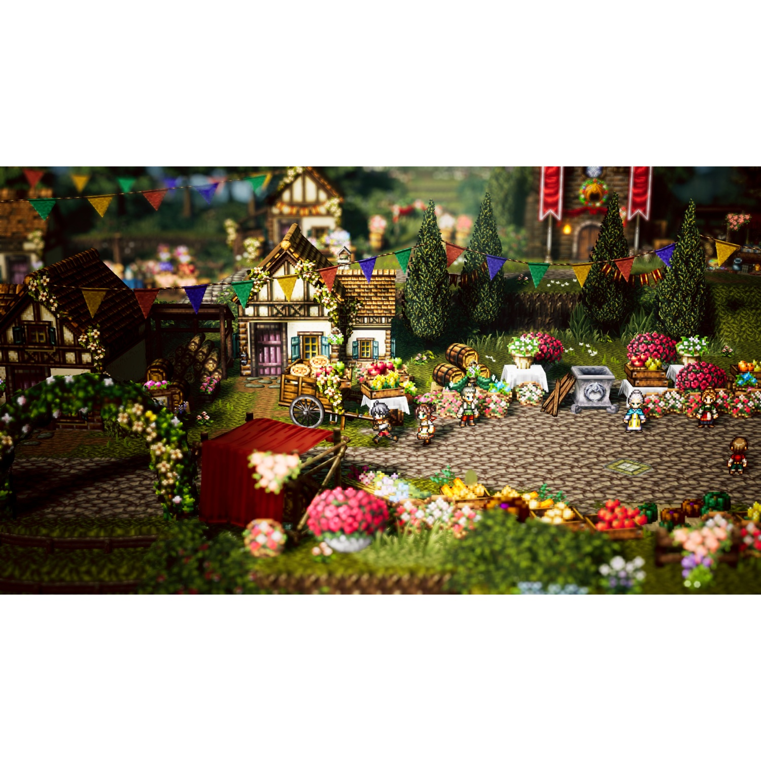 Une scène de village animée avec des étals de marché, des fleurs et des personnages. Bâtiments avec drapeaux, verdure et un chemin pavé. Les gens font du shopping.