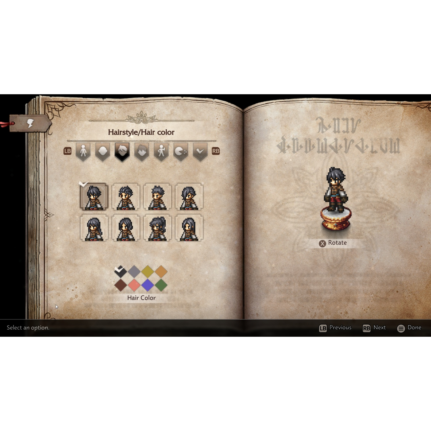 Un écran de personnalisation de personnage dans un jeu. Un livre est ouvert, montrant les options de coiffure et de couleur de cheveux. Un modèle de personnage est à droite.