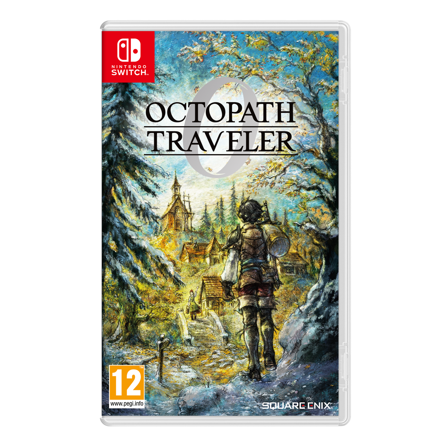 Couverture du jeu Octopath Traveler : une personne marche vers un village. Une église, des maisons et des arbres en arrière-plan.