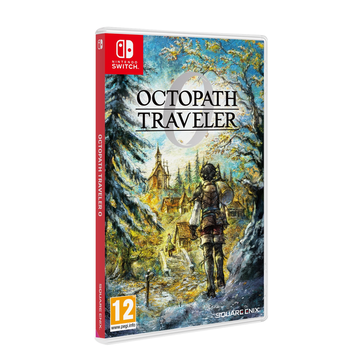 Boîtier du jeu Octopath Traveler. Une figure marche vers un village. Le logo Switch est en haut, le titre en dessous. PEGI 12.