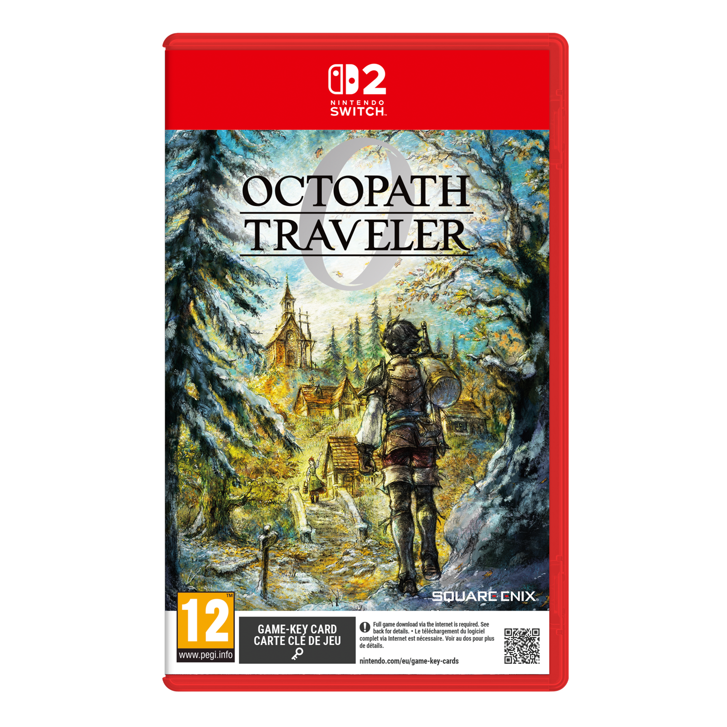 Couverture du jeu. Octopath Traveler. Une figure marche vers un village, entourée d'arbres. La couverture a un cadre rouge.