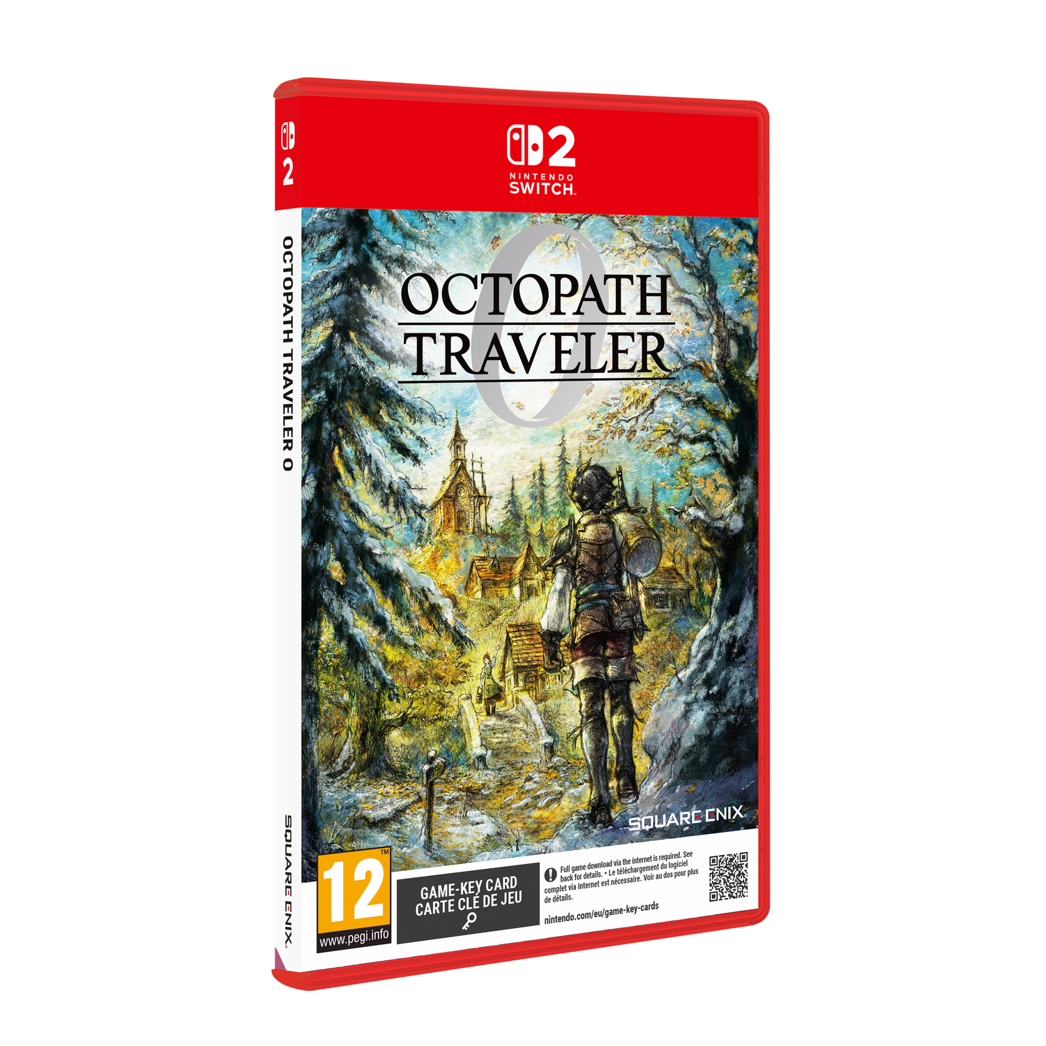 Boîtier du jeu Octopath Traveler. Un guerrier marche vers un village. Le boîtier est rouge avec le logo Nintendo Switch et le titre du jeu.
