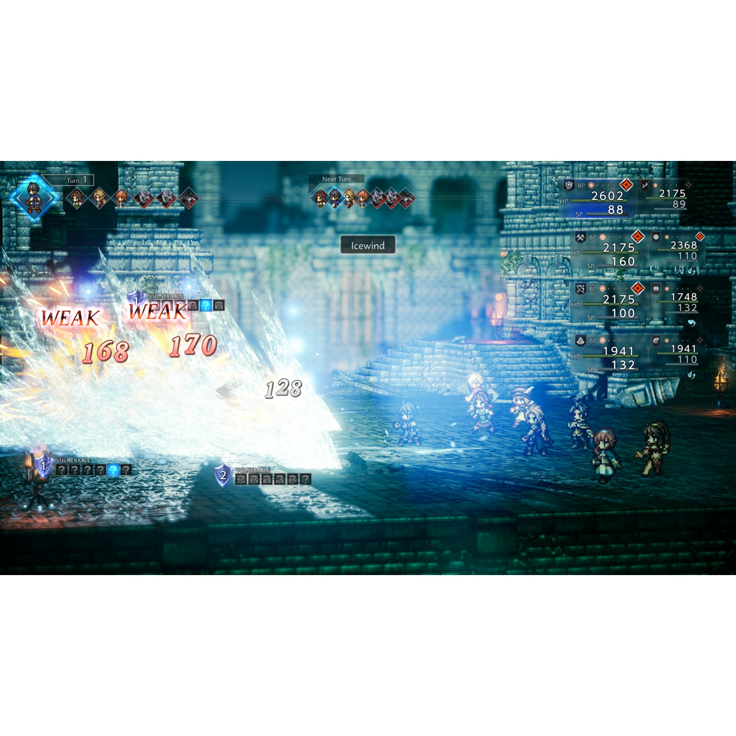 Une scène de RPG au tour par tour montre une bataille avec des personnages, des chiffres de dégâts et des indicateurs d'état. Une attaque de glace est en cours.