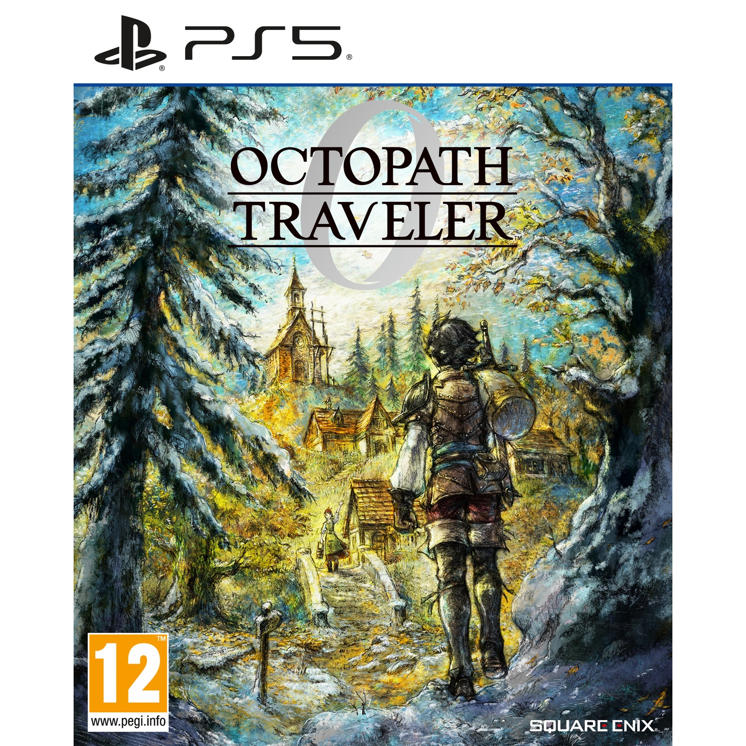Illustration d'Octopath Traveler II. Un guerrier marche vers un village. Des arbres encadrent la scène. Logo PS5 en haut.