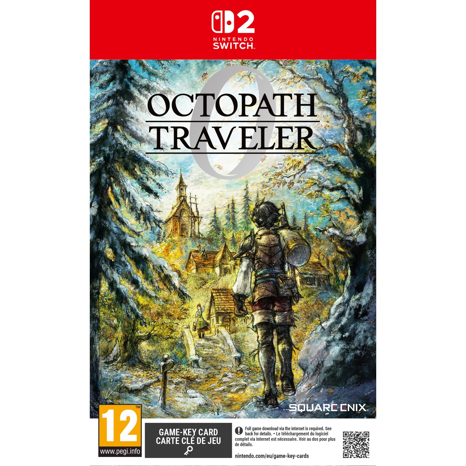 Boîte de jeu Octopath Traveler. Un personnage se tient sur un chemin menant à un village et une église, encadré par des arbres.