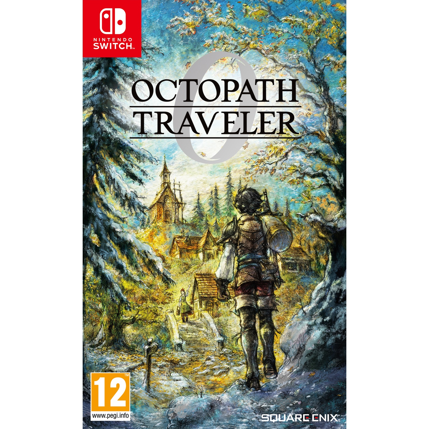 Couverture du jeu Octopath Traveler. Un personnage marche vers un village. Le logo Nintendo Switch est en haut à gauche.