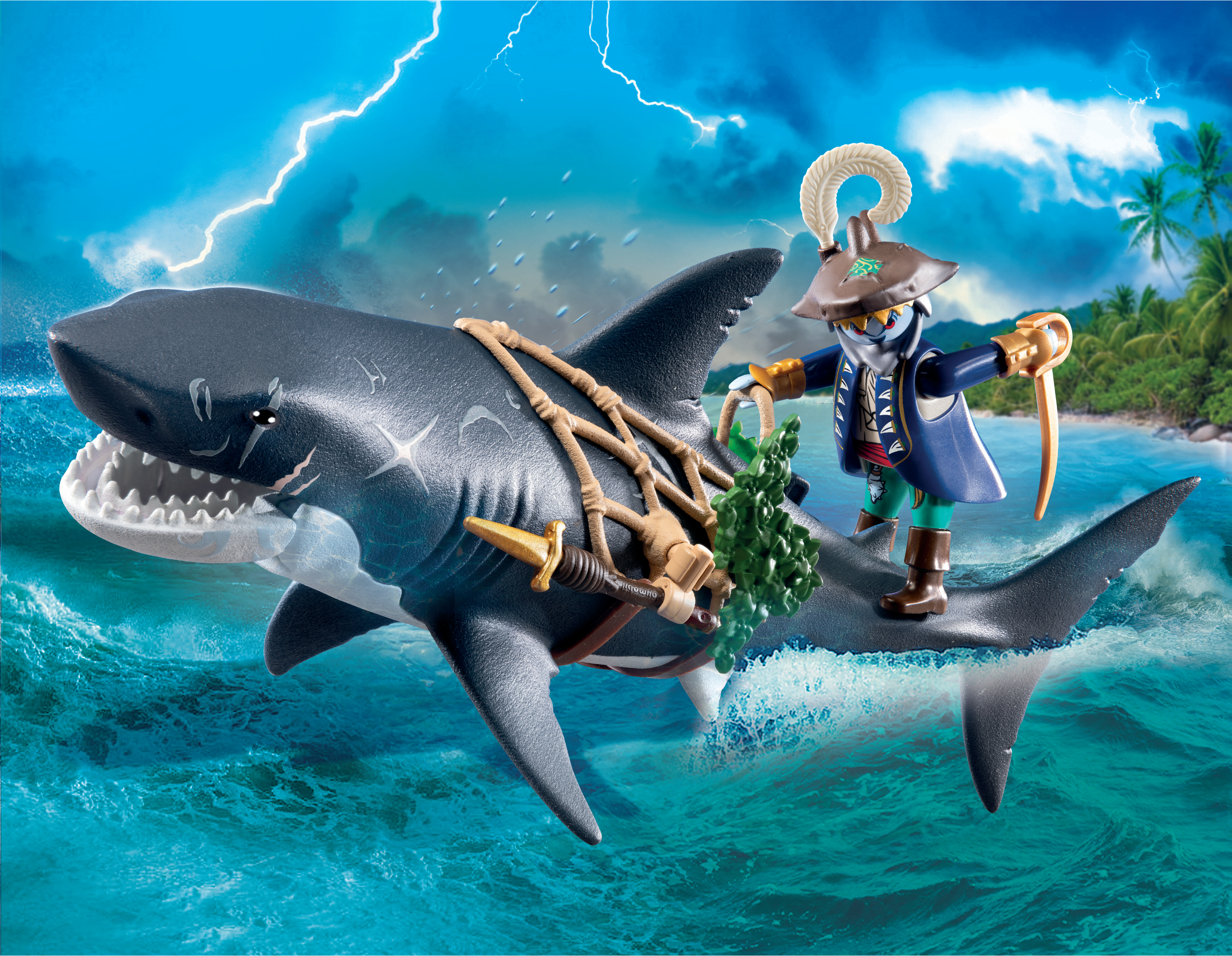 Ein Piraten-Spielzeug reitet auf einem Hai durch stürmische See. Blitze zucken am Himmel, im Hintergrund sind Palmen zu sehen.