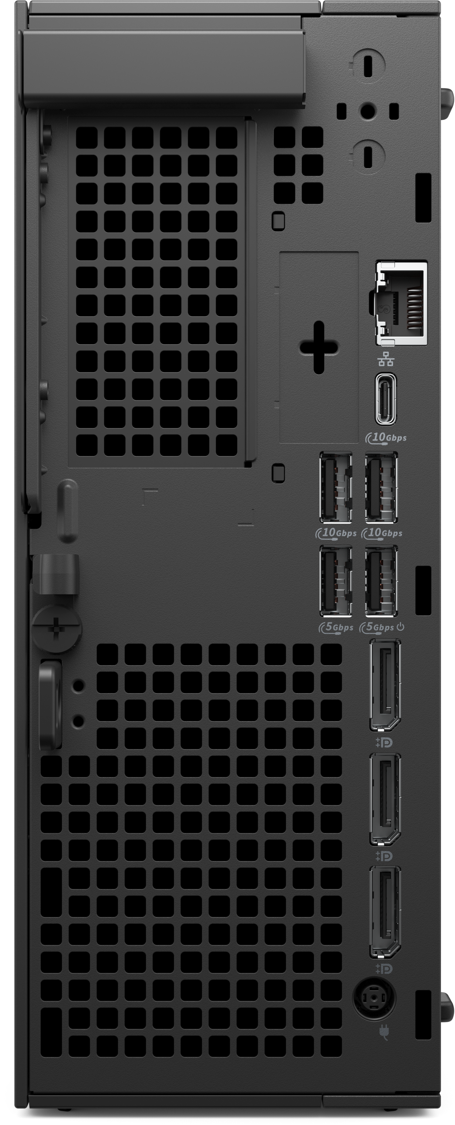 Schwarze Rückseite eines Computerturms mit verschiedenen Anschlüssen und Belüftung. Enthält USB, Ethernet und Display-Anschlüsse.