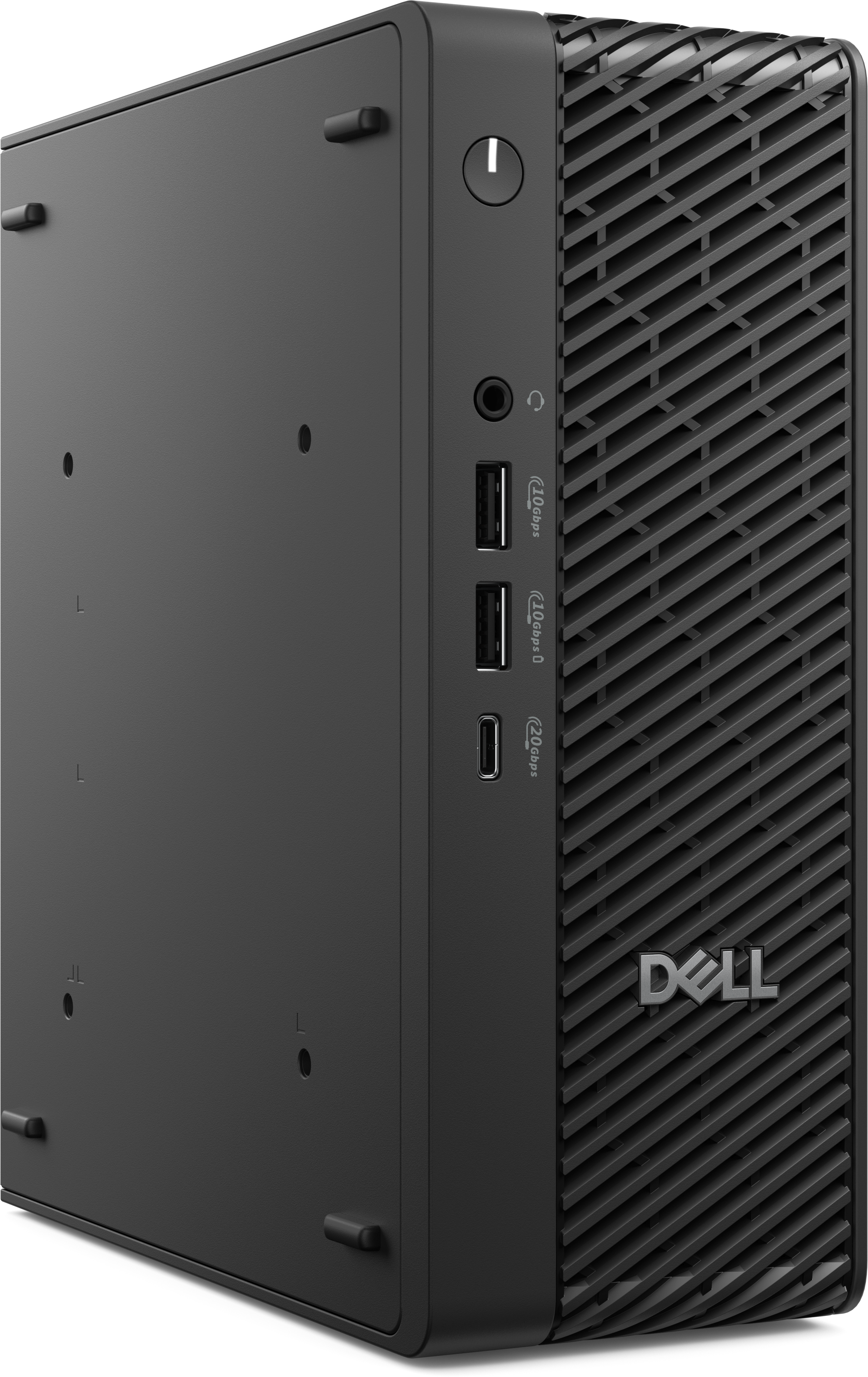 Schwarzer Dell-Desktop-Computer. Er hat einen Ein-/Ausschalter, USB-Anschlüsse und einen Kopfhöreranschluss.