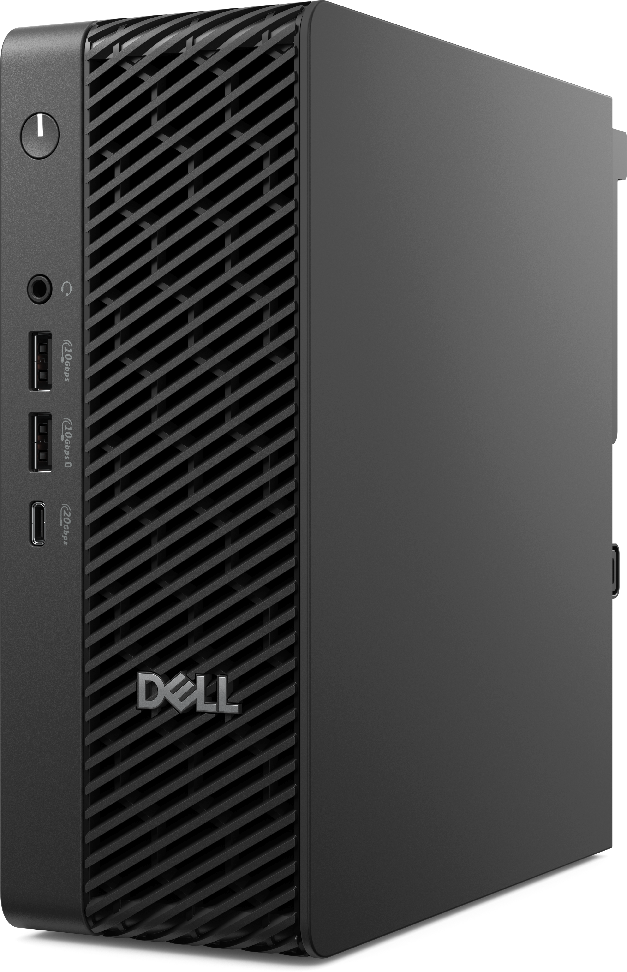 Ein schwarzes Dell-Computergehäuse. Die Vorderseite hat einen Ein/Aus-Schalter, Anschlüsse und eine diagonale Lüftung.