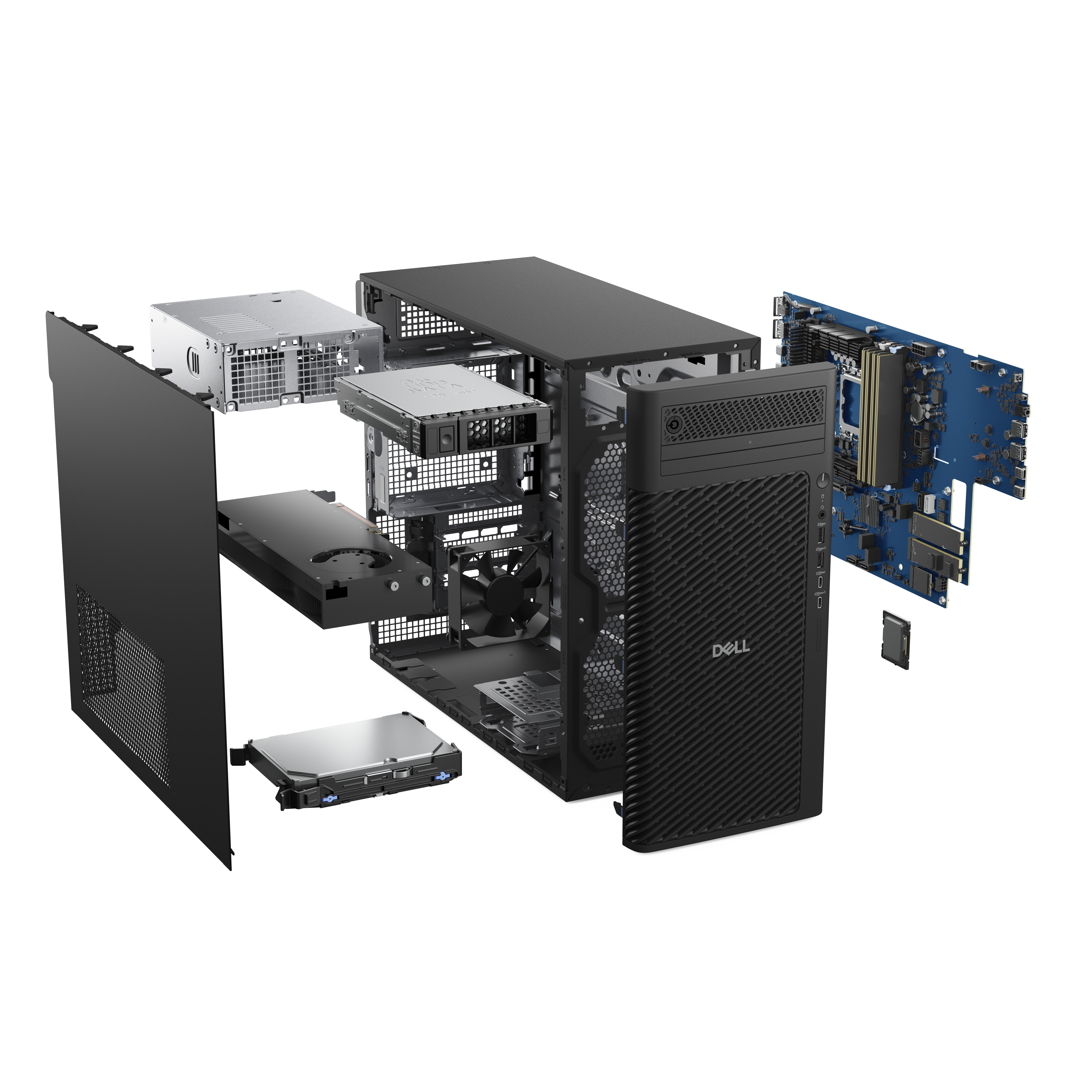 Explosionsansicht eines Dell-Desktop-Computers mit Komponenten wie Netzteil, Festplatte und Motherboard.