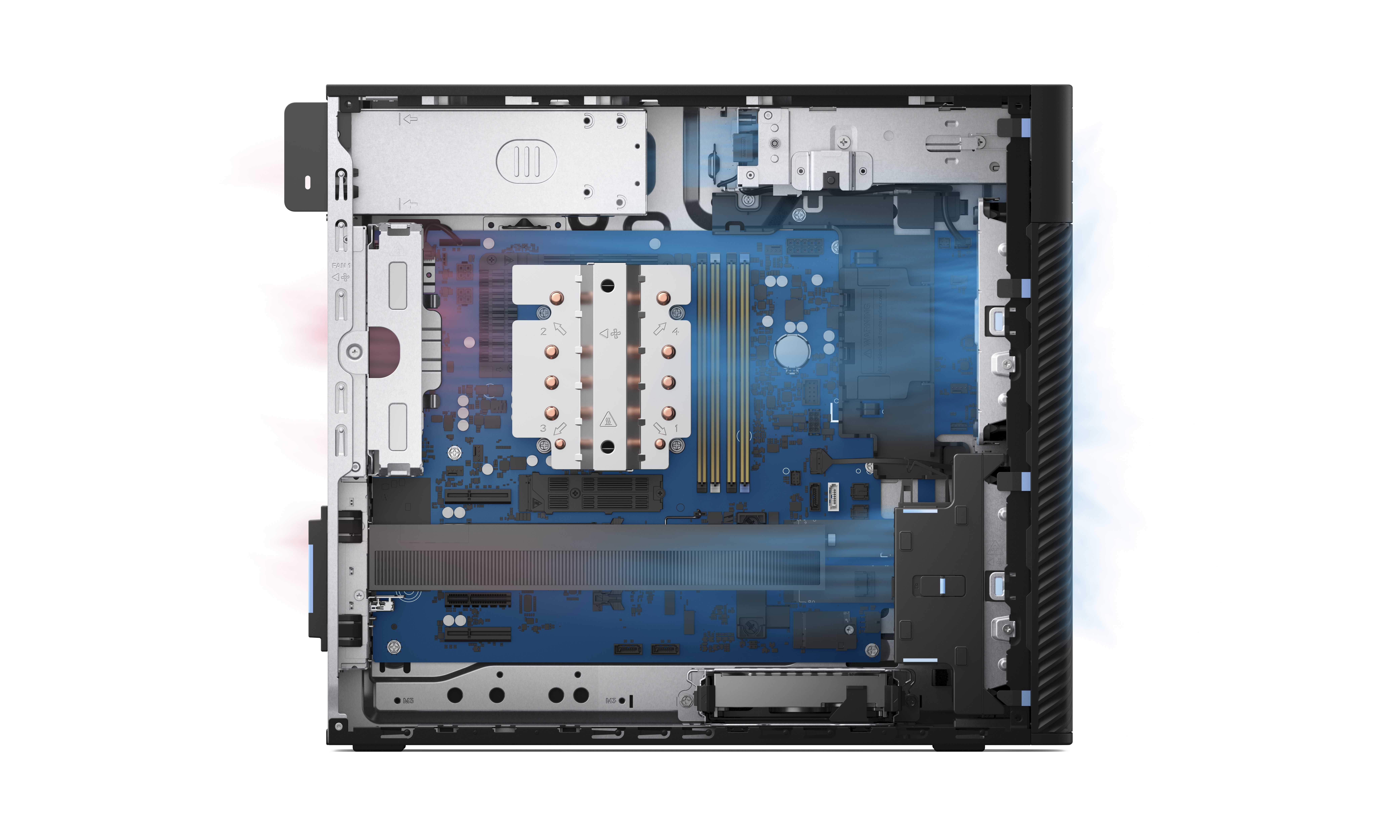 Schnittansicht eines Computers. Blaues Motherboard mit silbernen Komponenten, Kühlkörpern und einem Lüfter. Schwarzes Gehäuse.
