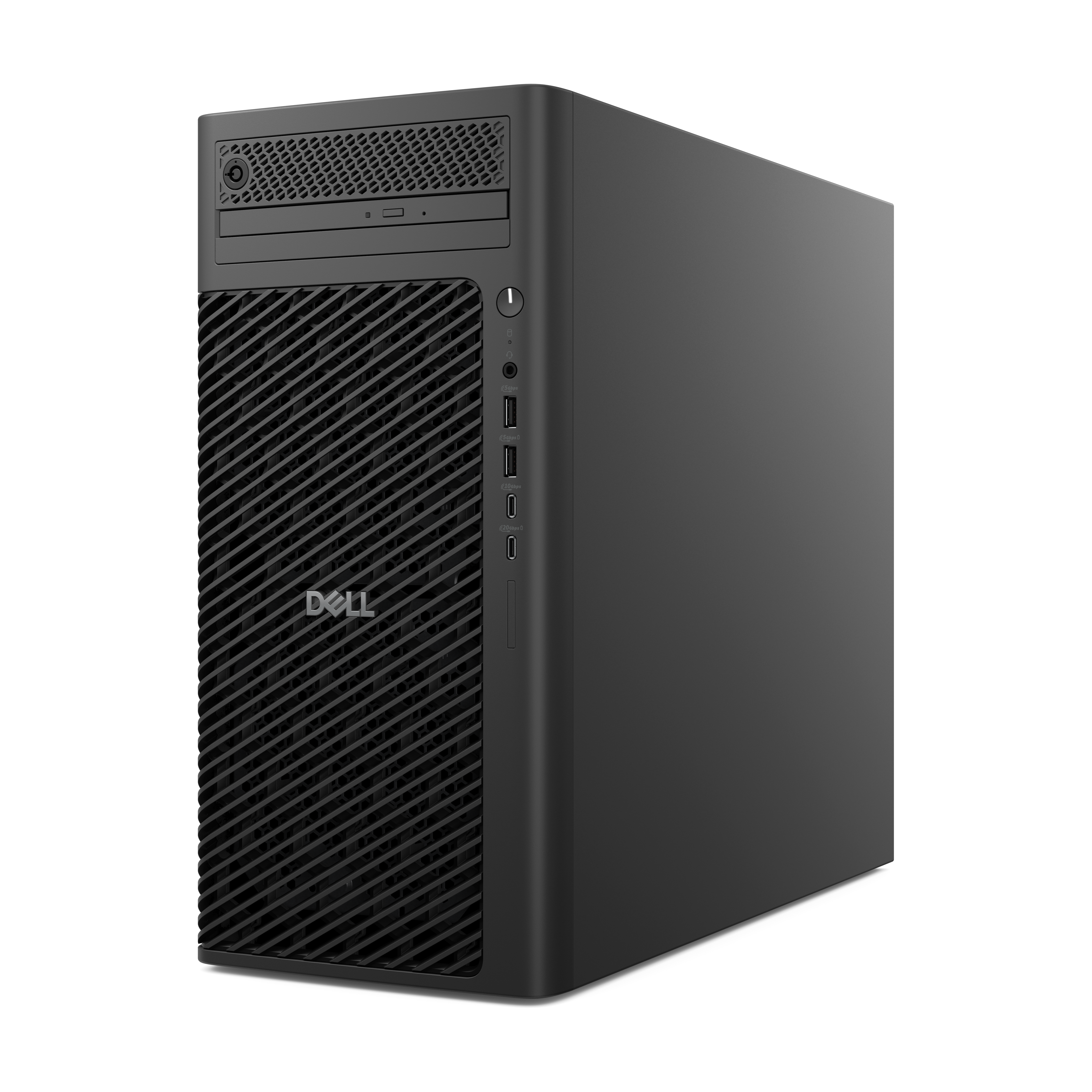 Ein schwarzer Dell-Desktop-Computer. Die Frontplatte hat ein diagonales Grillmuster mit dem Dell-Logo. Anschlüsse sind sichtbar.