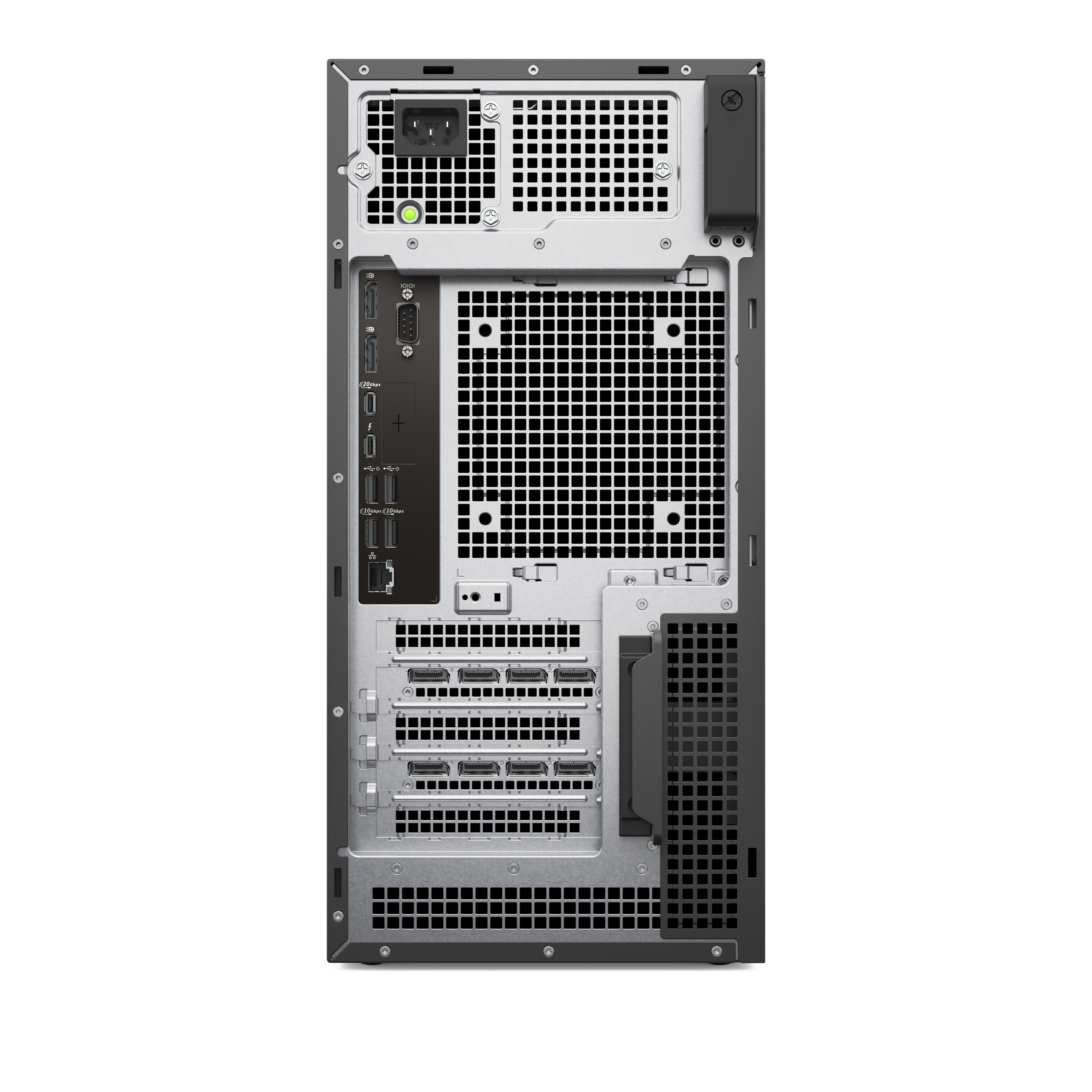 Rückansicht eines Computerturms. Zeigt Anschlüsse, Lüftungsschlitze und Stromeingang. Silber- und Schwarz-Farbschema.