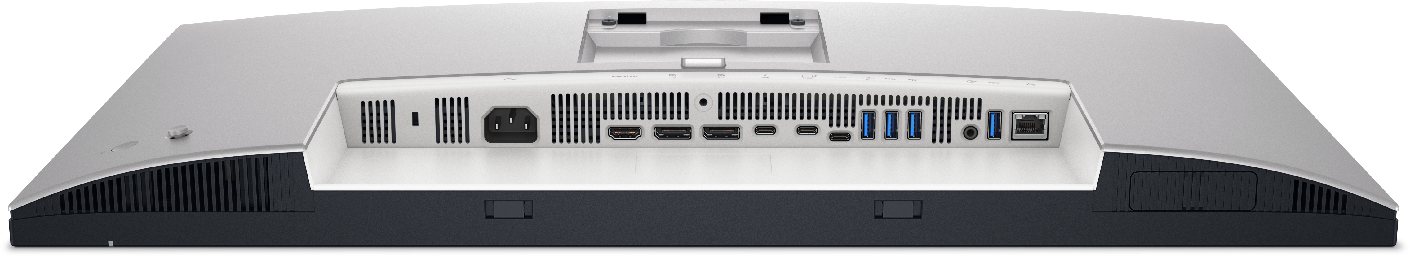 Rückansicht eines Computermonitors. Merkmale sind Netzanschluss, HDMI-Anschlüsse, USB-Anschlüsse und ein Ethernet-Anschluss.