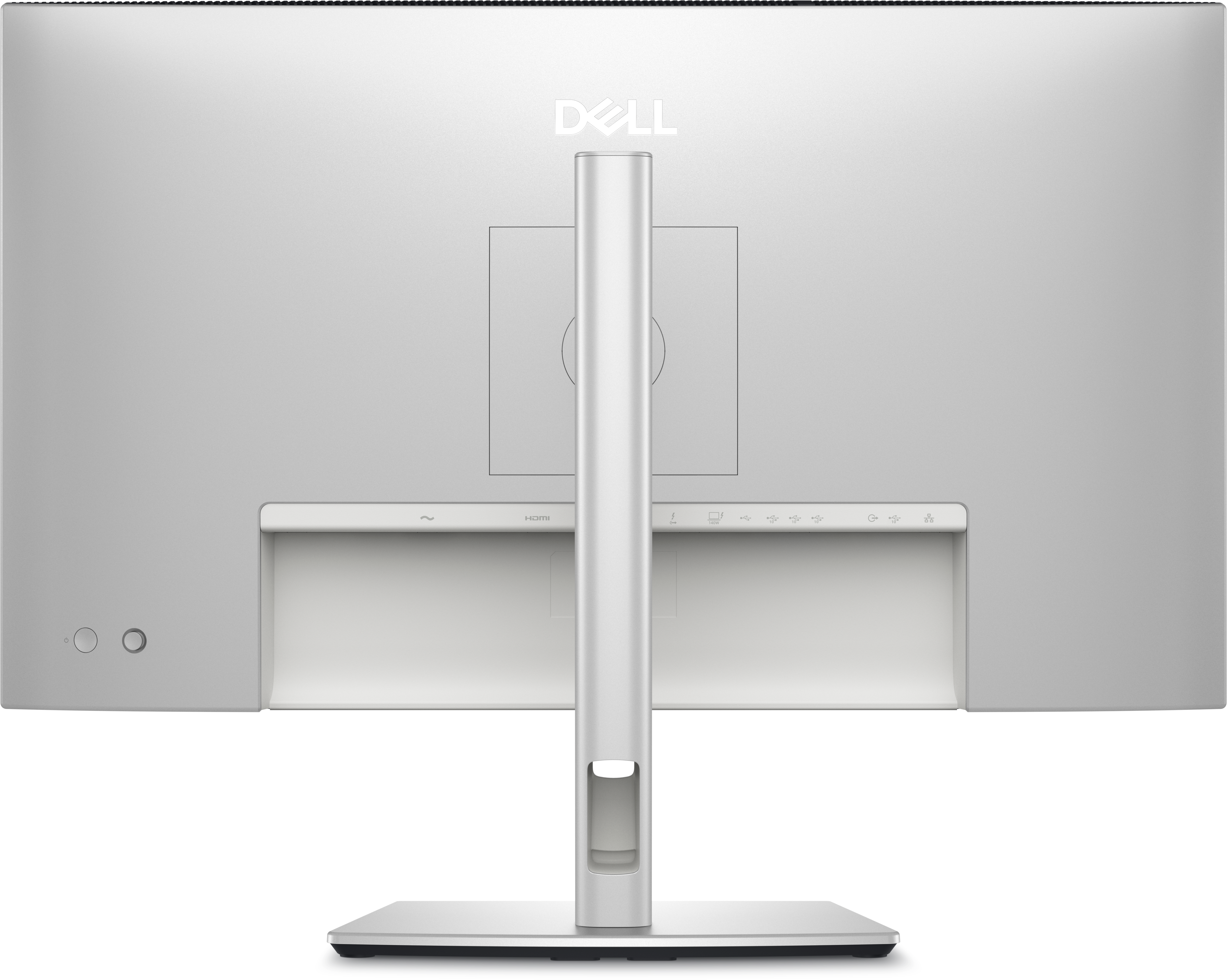 Rückseite eines silbernen Dell-Monitors. Ein Ständer verläuft von der Basis bis zur Oberseite. Knöpfe und Anschlüsse sind sichtbar.