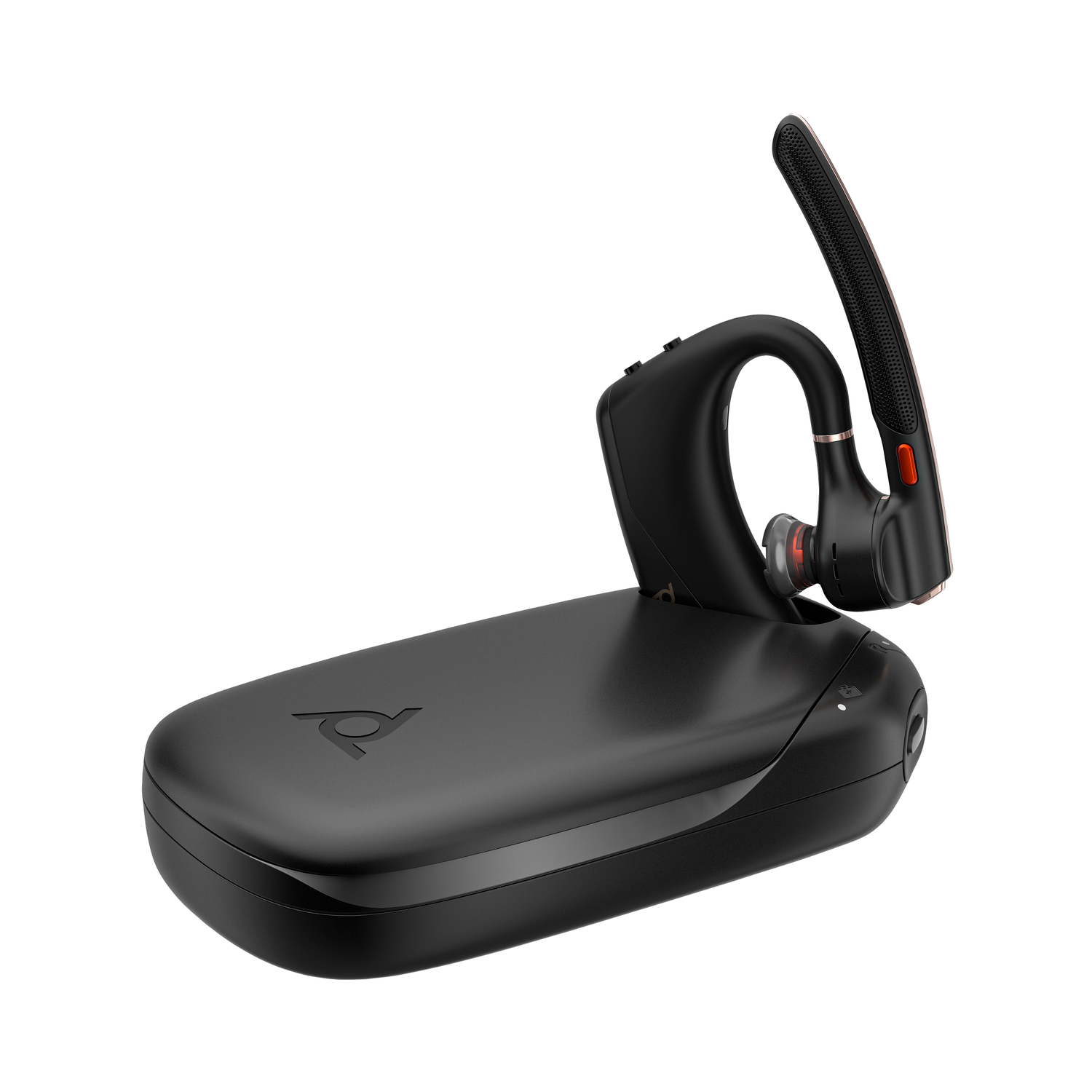 Een zwarte draadloze headset met een oplaadbasis. De headset heeft een gebogen ontwerp met een microfoonarm en een oortelefoon.