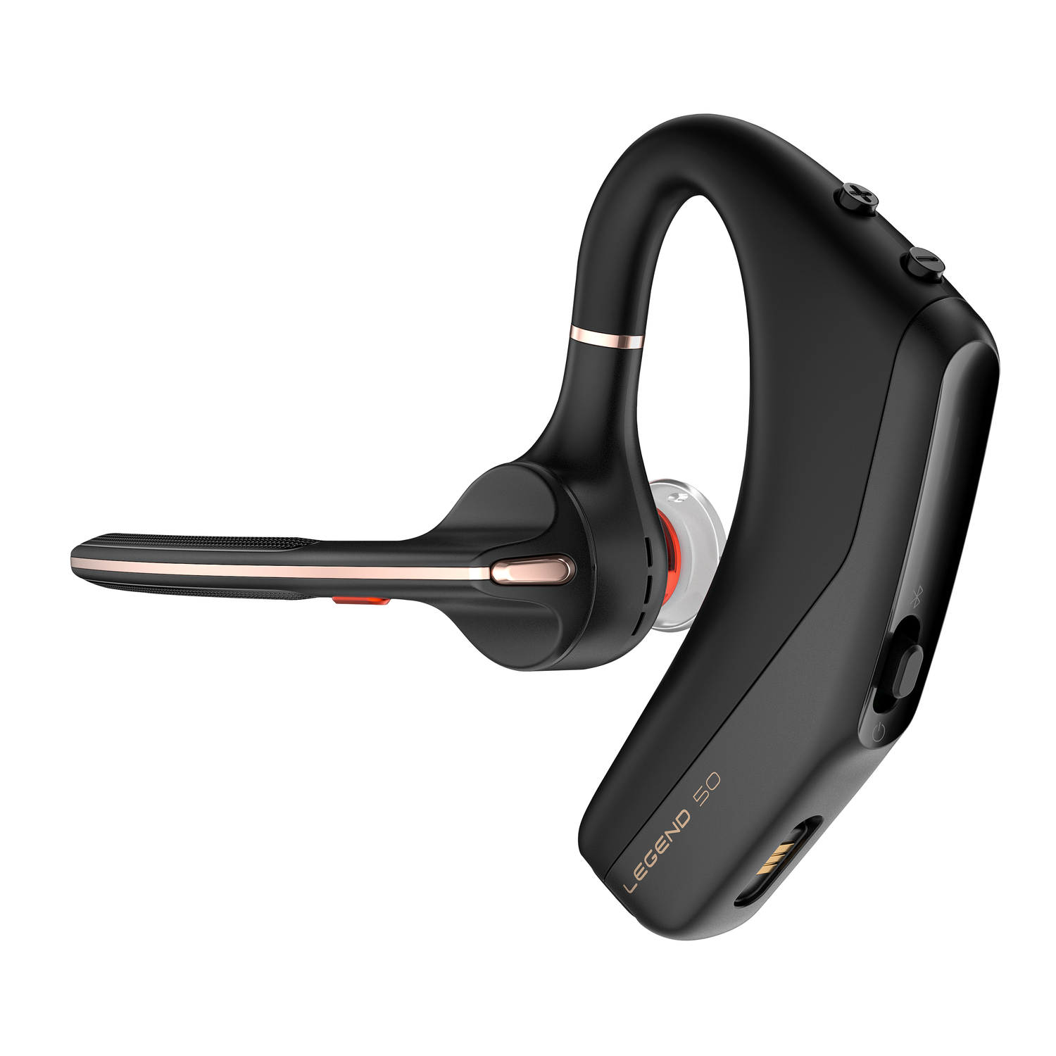 Zwarte en gouden draadloze headset. Gebogen ontwerp, met microfoonarm en oortelefoon. Knoppen aan de zijkant.