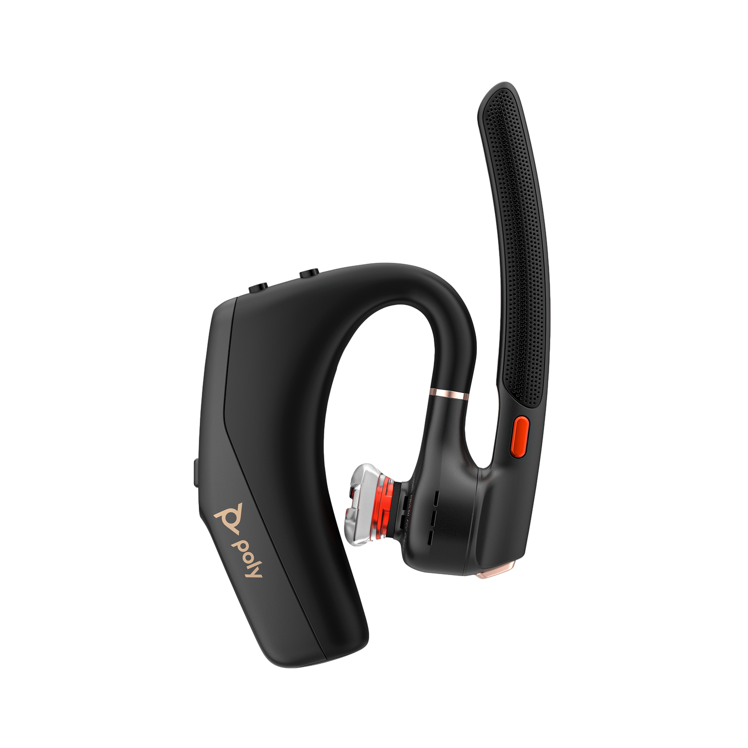 Zwarte Poly Bluetooth-headset met een gebogen ontwerp. Het heeft een microfoonarm, een rode knop en roségouden accenten. De achtergrond is zwart.