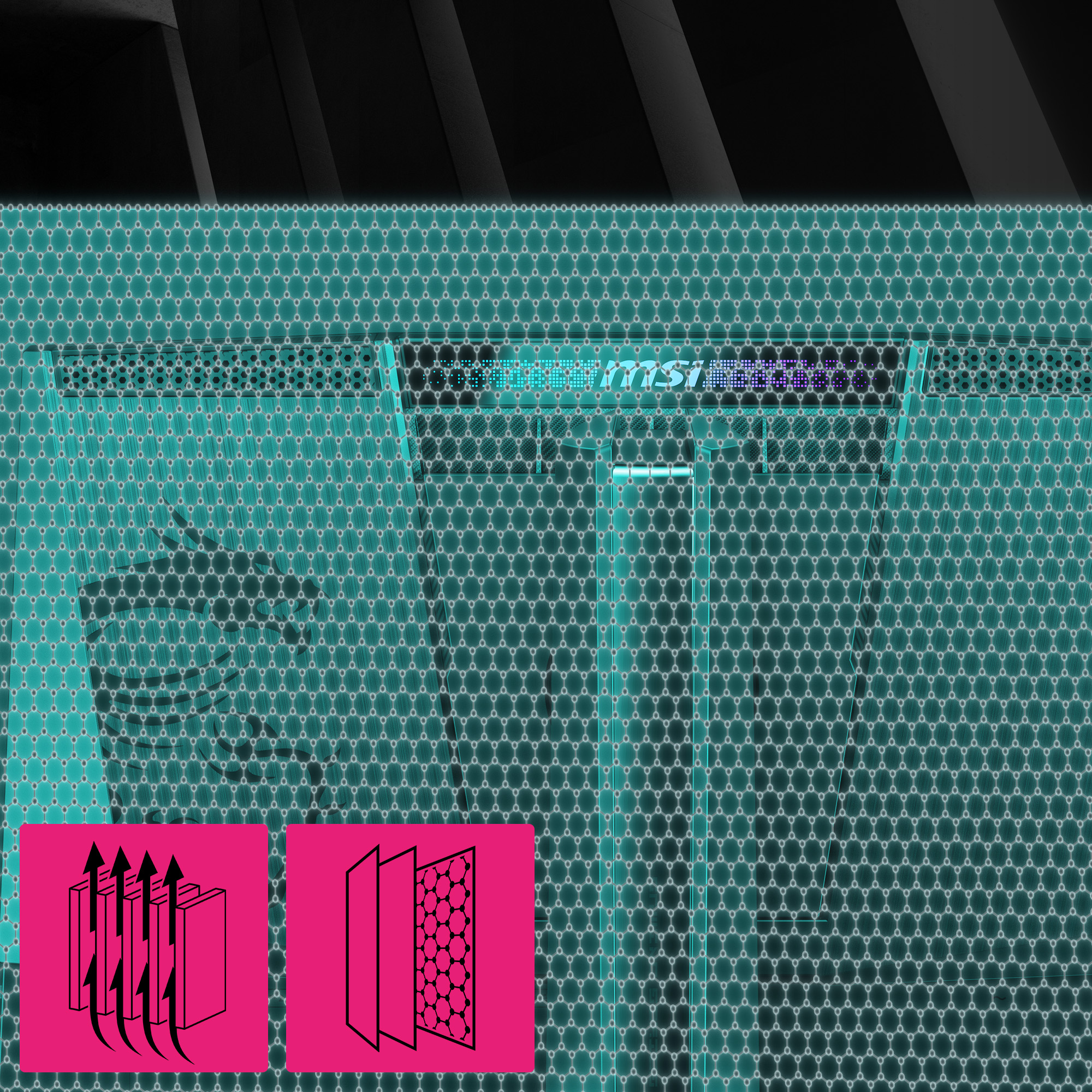 Technisches Bild mit einer tealfarbenen Struktur mit sechseckigem Muster. Rosa Kästen mit schwarzen Diagrammen befinden sich unten.