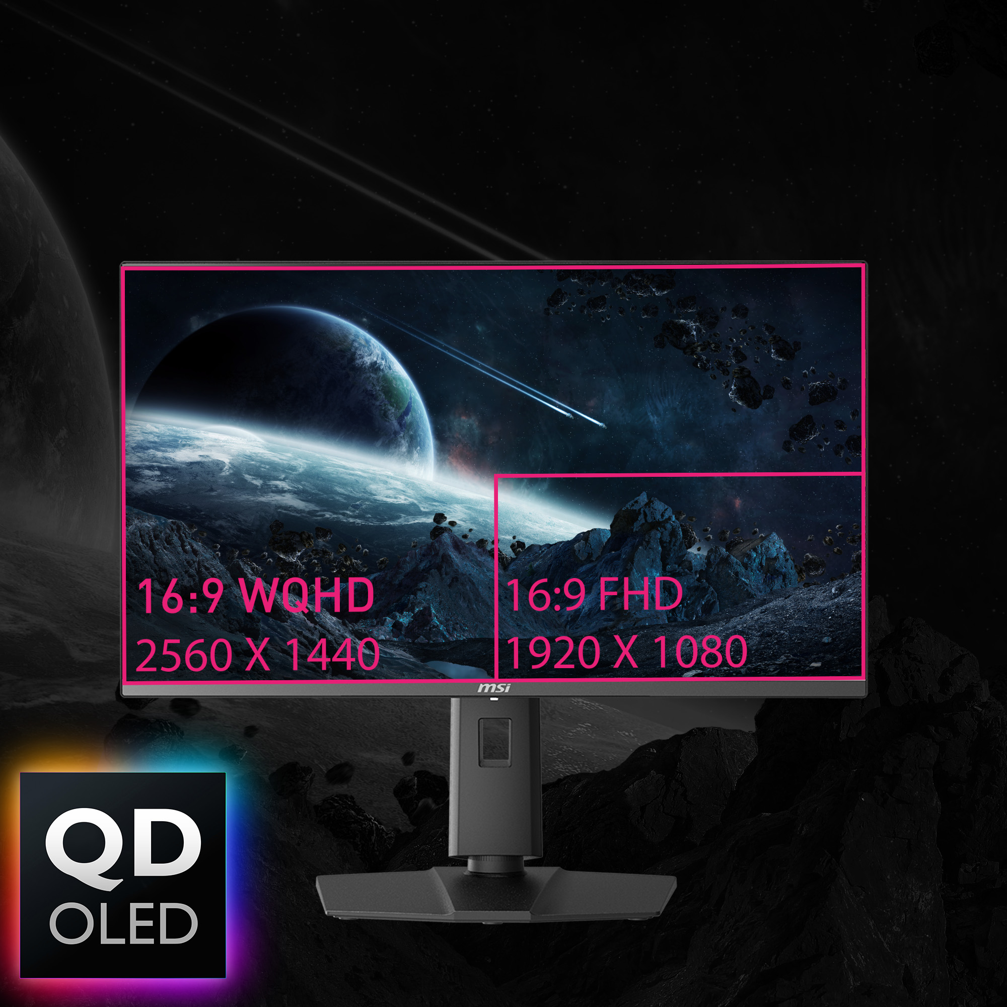 Ein Monitor zeigt eine Weltraumszene. Er hat zwei Auflösungsanzeigen. In der unteren linken Ecke befindet sich ein QD-OLED-Logo.