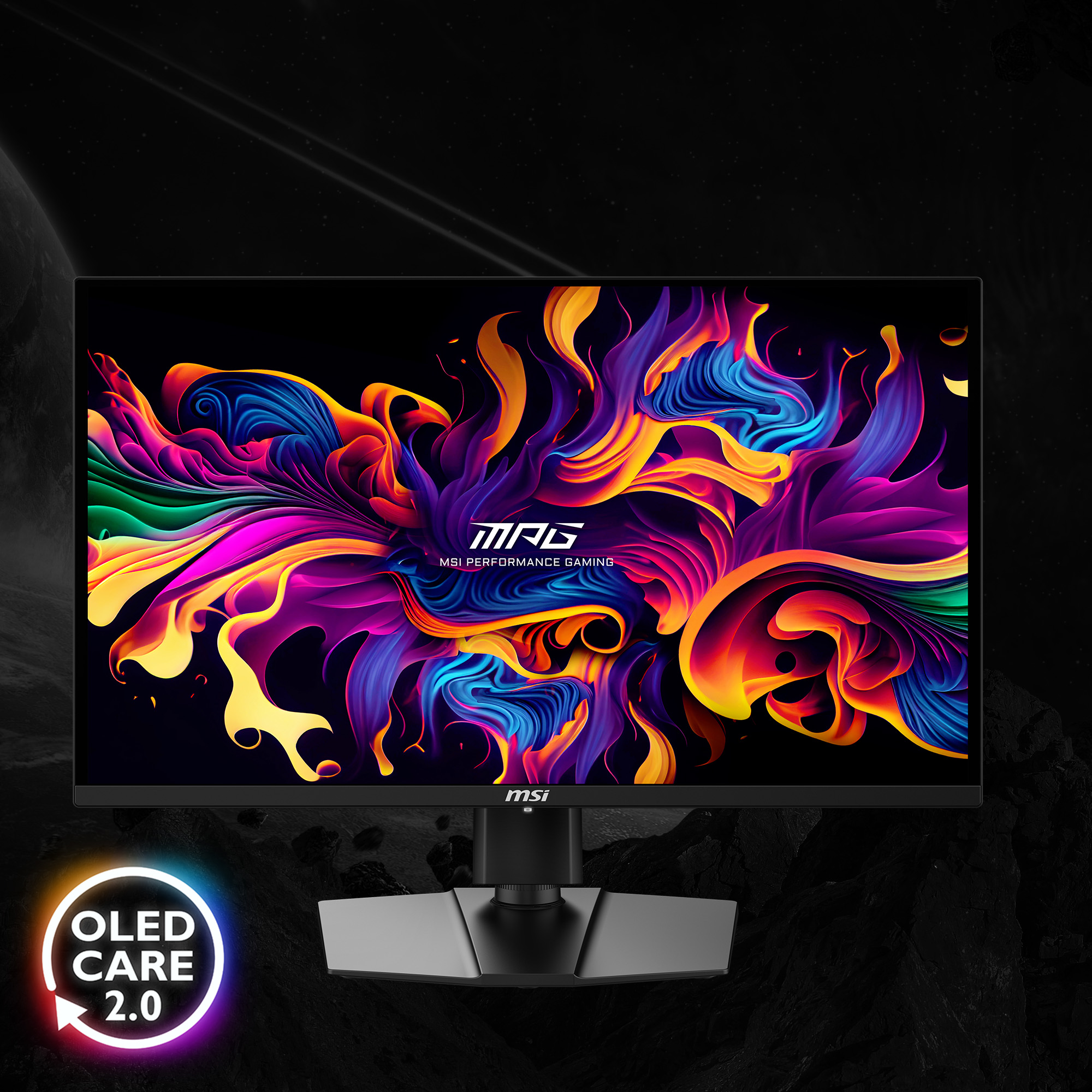 MSI-Gaming-Monitor zeigt farbenfrohe abstrakte Kunst. OLED Care 2.0 Logo unten. Der Hintergrund hat ein dunkles Weltraumthema.