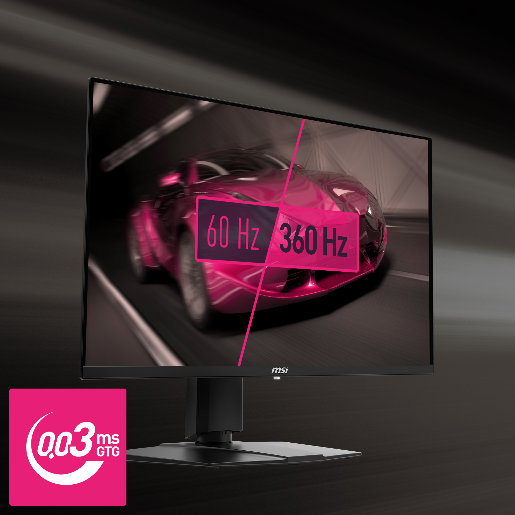 Der Monitor zeigt ein pinkfarbenes Rennauto. Der Bildschirm zeigt 60 Hz und 360 Hz. Eine pinkfarbene Box unten zeigt 0,03 ms GTG.