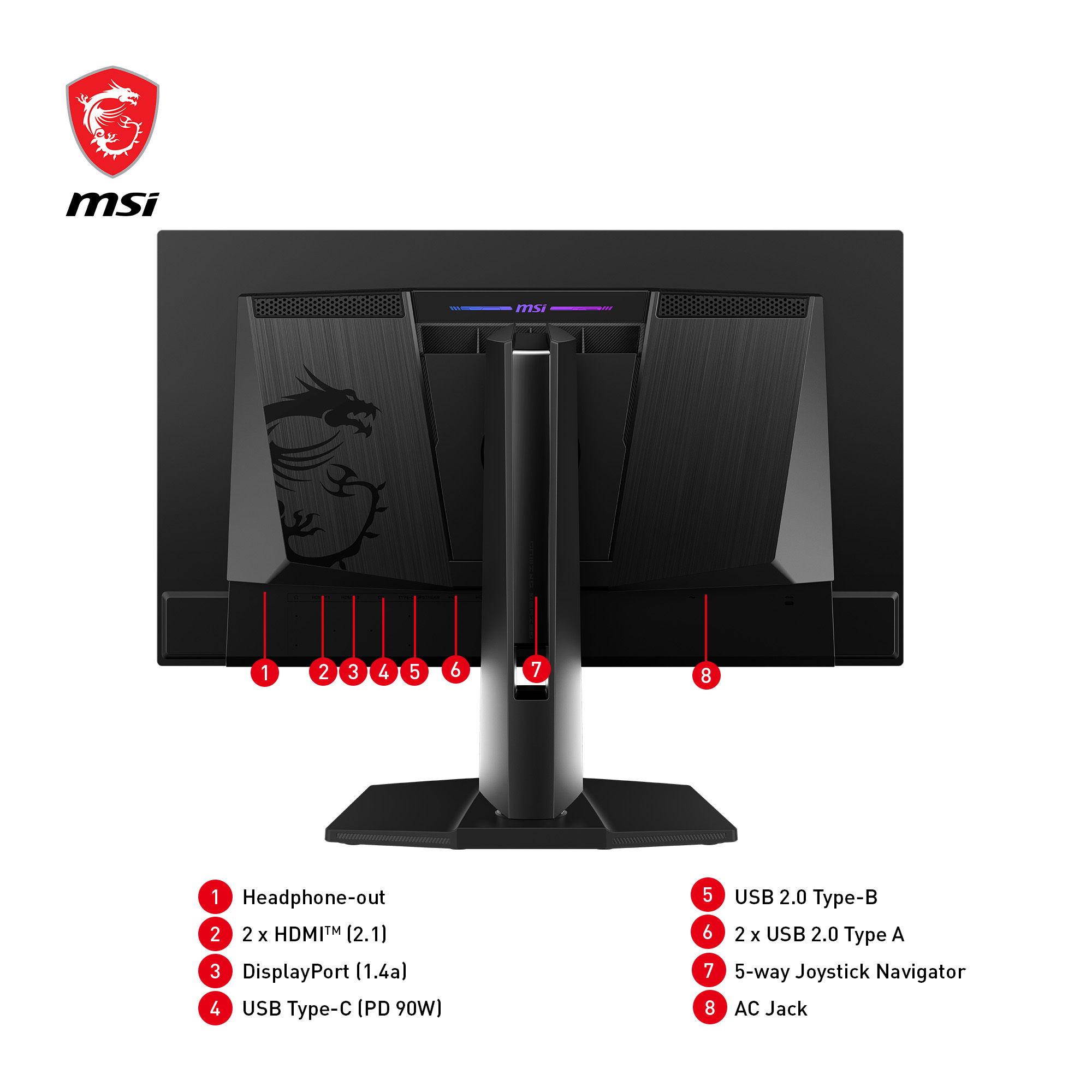 Rückansicht eines schwarzen MSI-Monitors. Zu den Merkmalen gehören Anschlüsse, ein Joystick und das MSI-Logo. Der Monitor hat ein Drachendesign.
