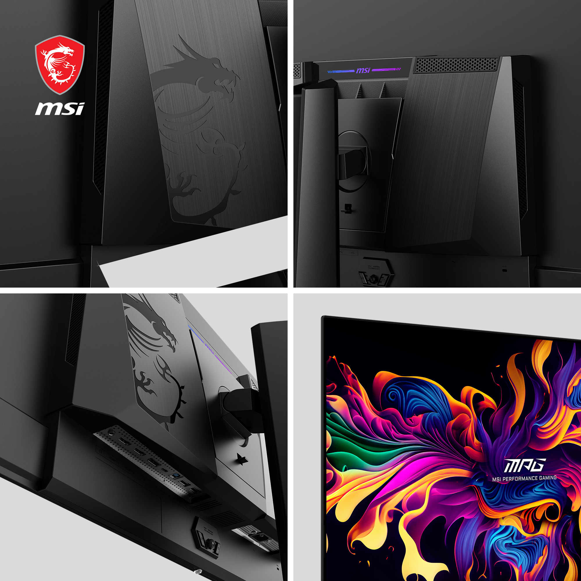 MSI-Gaming-Monitor mit schwarzem Rahmen. Drachen- und MSI-Logo sichtbar. Bildschirm zeigt farbenfrohe, abstrakte Kunst.