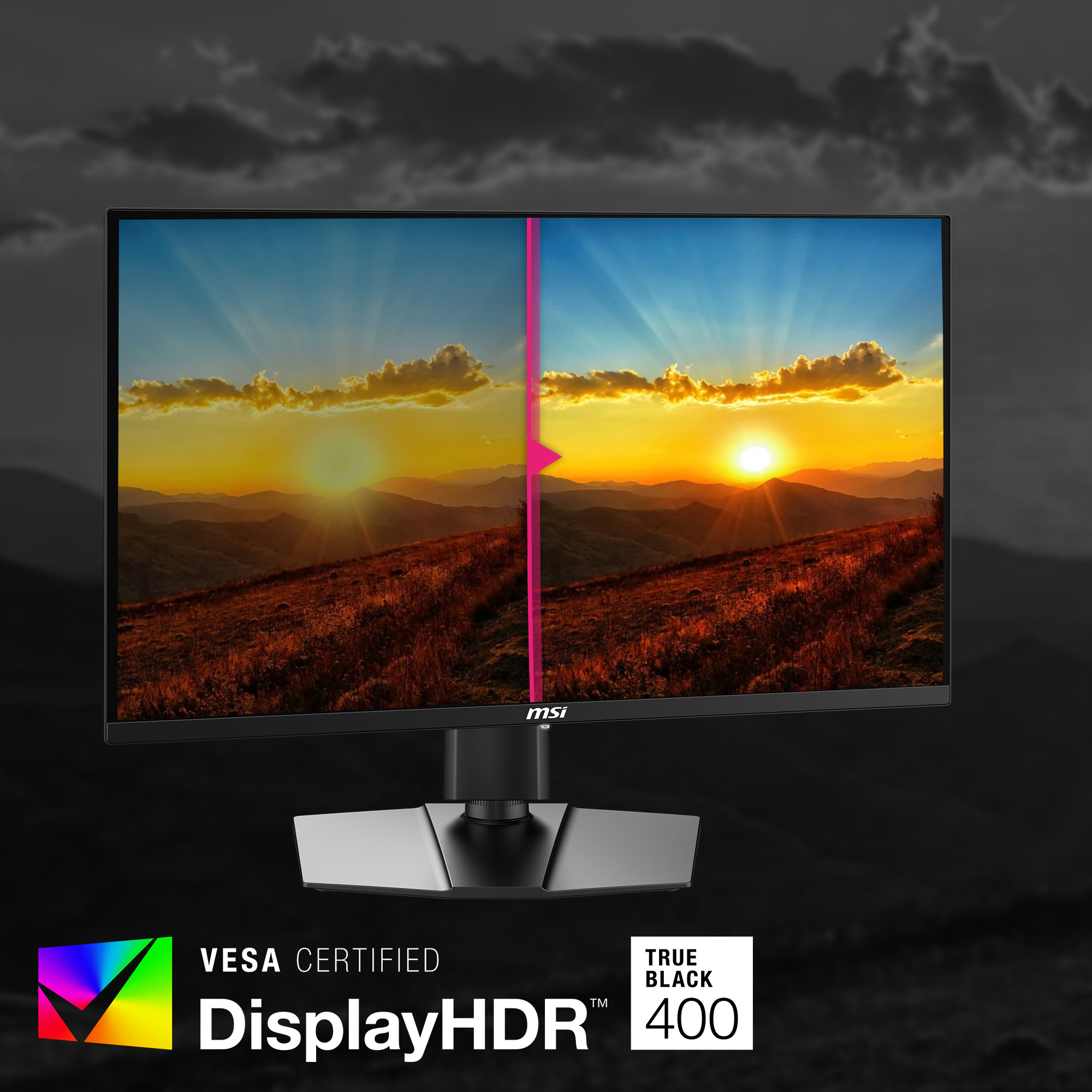 Ein MSI-Monitor zeigt einen Sonnenuntergang über den Bergen. Der Bildschirm zeigt eine rosa Linie. Logos: VESA Certified, DisplayHDR, True Black 400.