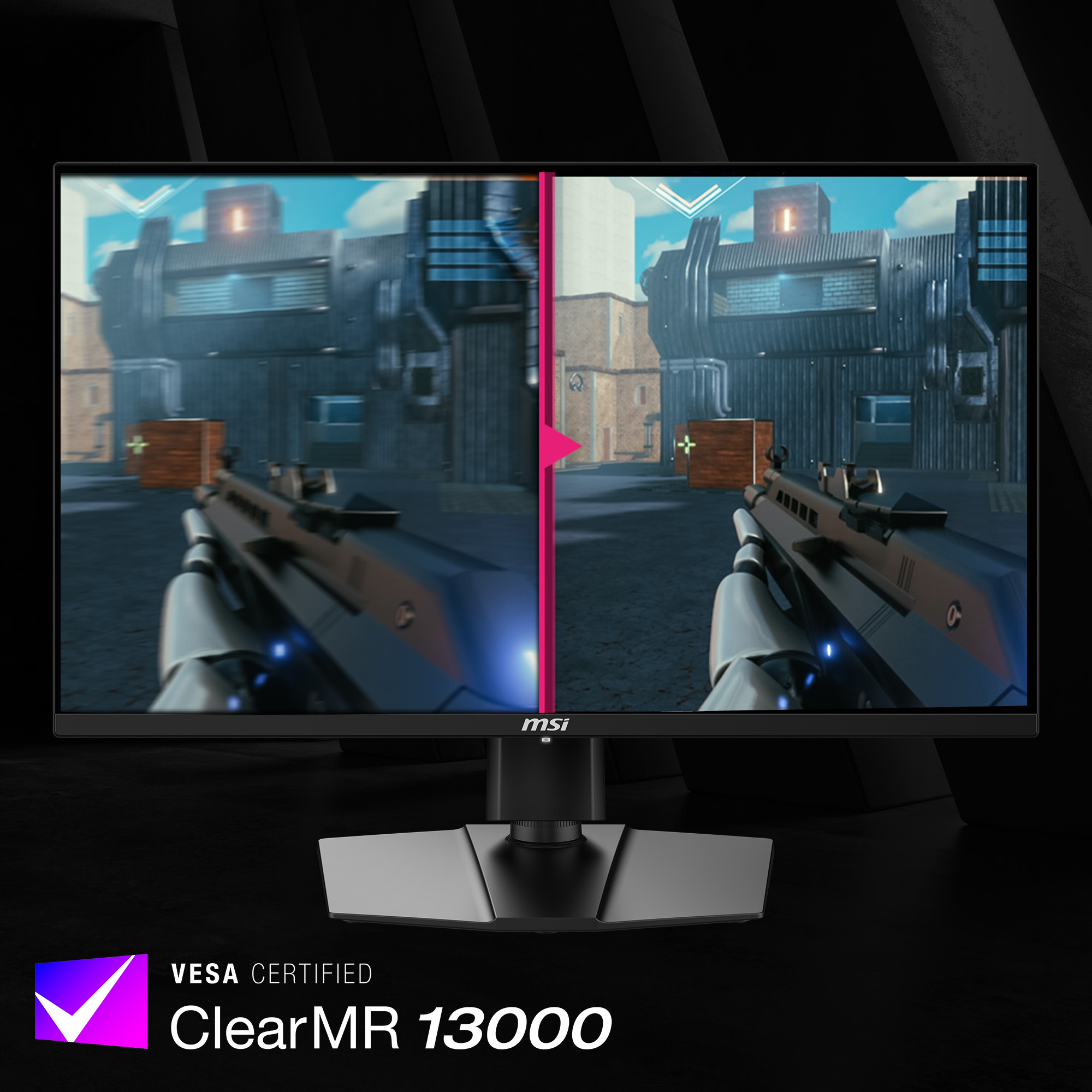 MSI-Monitor zeigt eine Spielszene. Ein geteilter Bildschirm zeigt verschwommene und klare Bilder. Der Monitor hat ein VESA Certified ClearMR 13000 Logo.