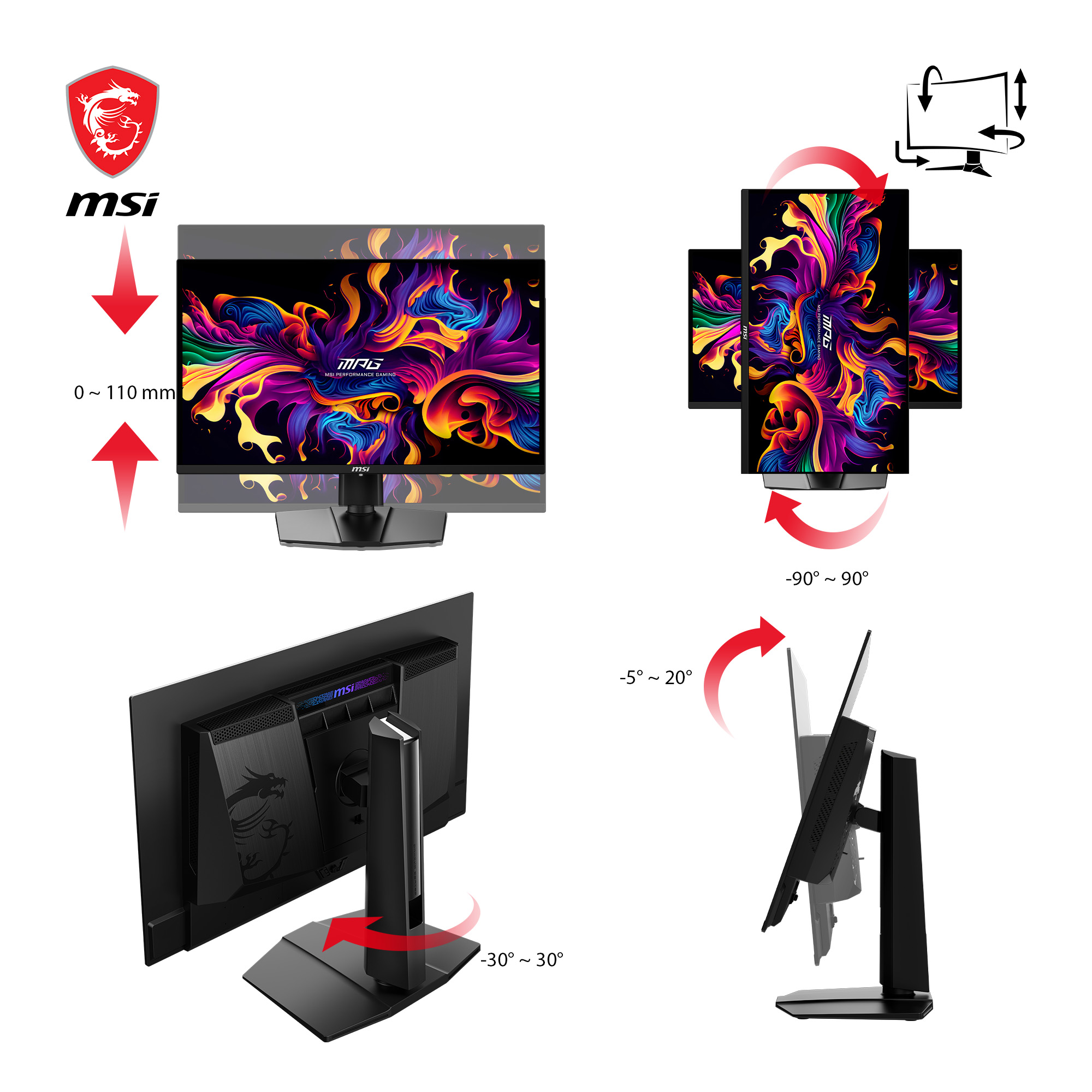 Ein MSI-Monitor mit farbenfrohem Bildschirm, der die Einstellungswinkel zeigt. Das MSI-Logo ist sichtbar.